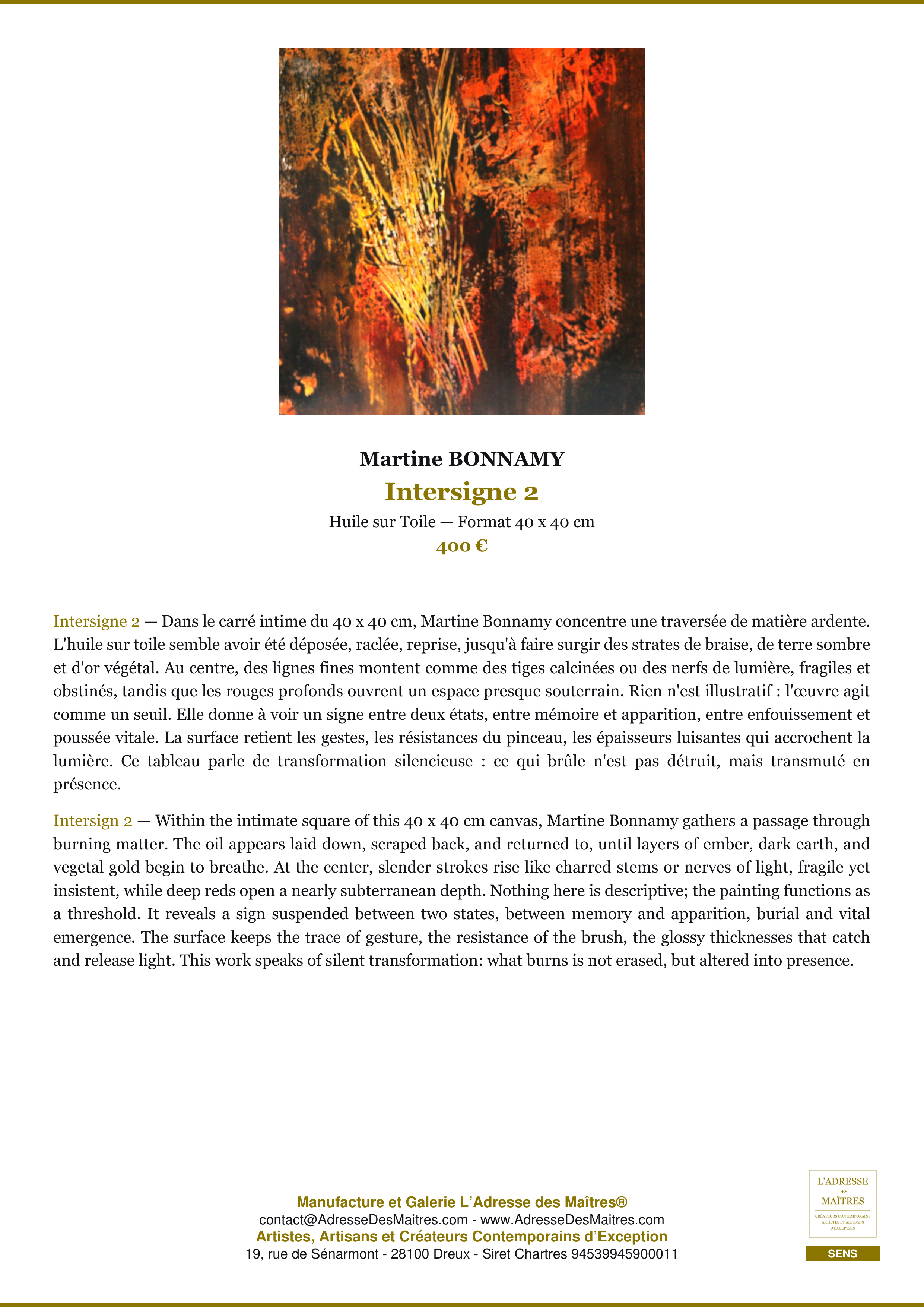 Fiche Premium — Intersigne 2 — Martine BONNAMY — L'Adresse des Maîtres®