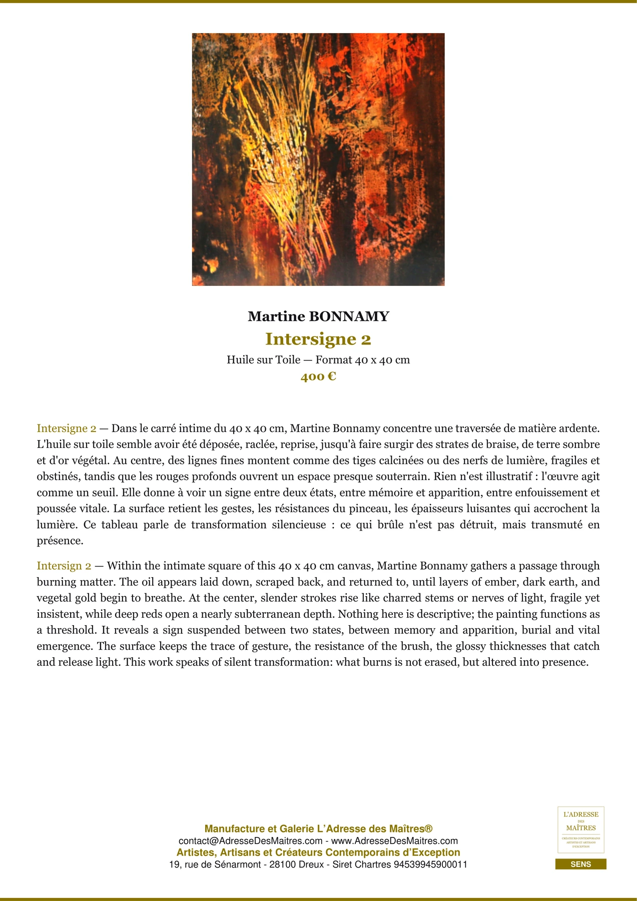 Fiche Premium - Intersigne 2 - Martine BONNAMY - L'Adresse des Maîtres®