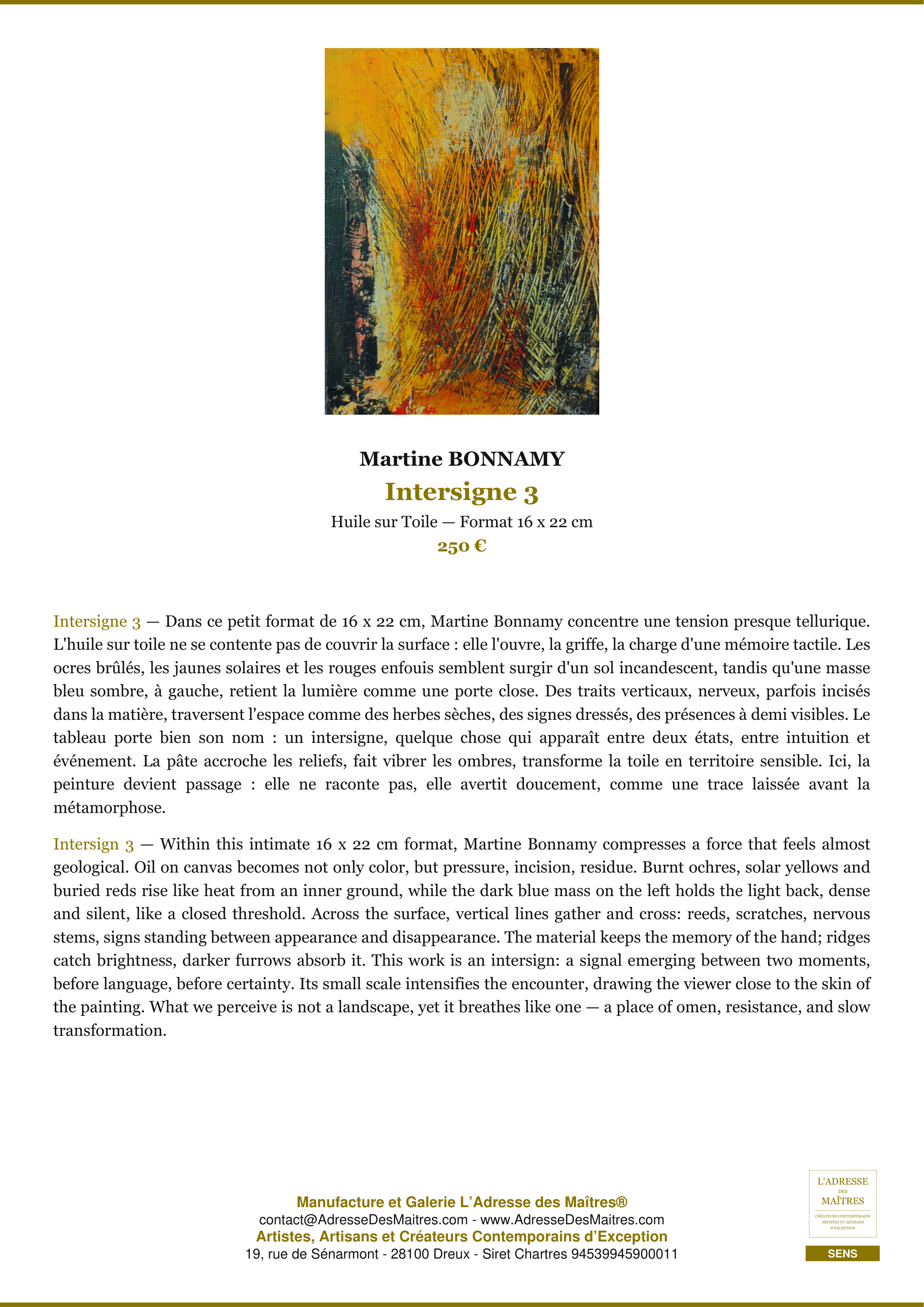 Fiche Premium — Intersigne 3 — Martine BONNAMY — L'Adresse des Maîtres®