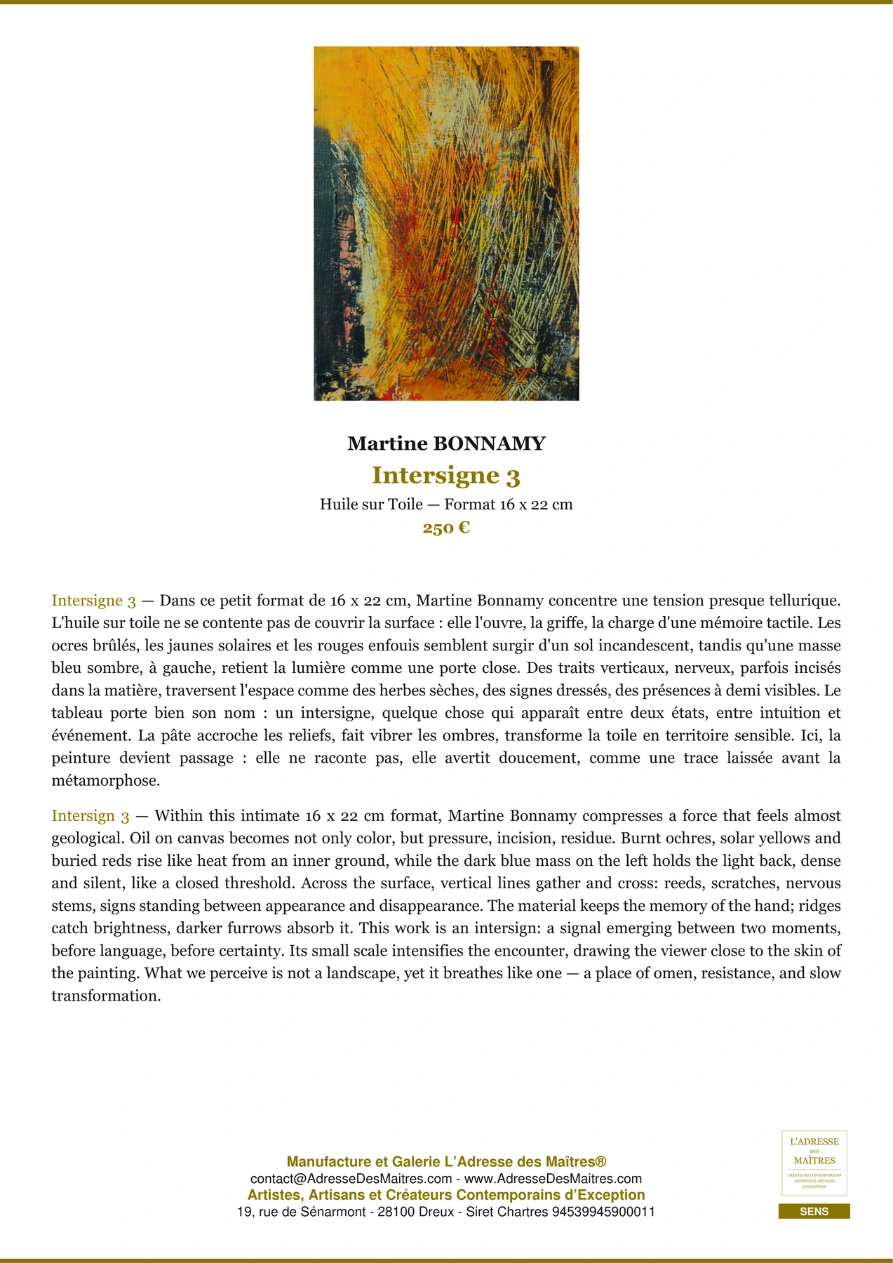 Fiche Premium - Intersigne 3 - Martine BONNAMY - L'Adresse des Maîtres®