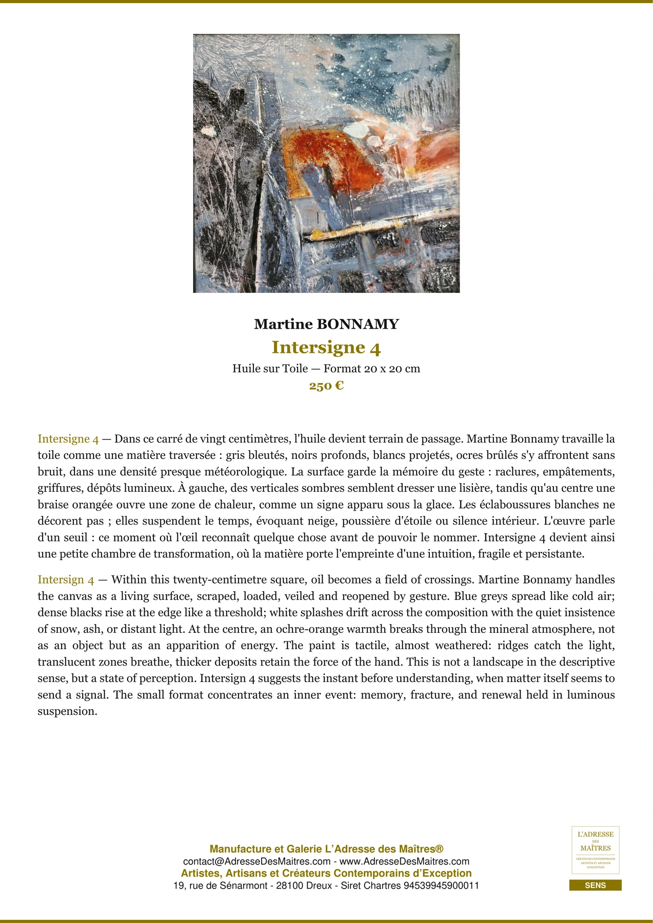 Fiche Premium - Intersigne 4 - Martine BONNAMY - L'Adresse des Maîtres®