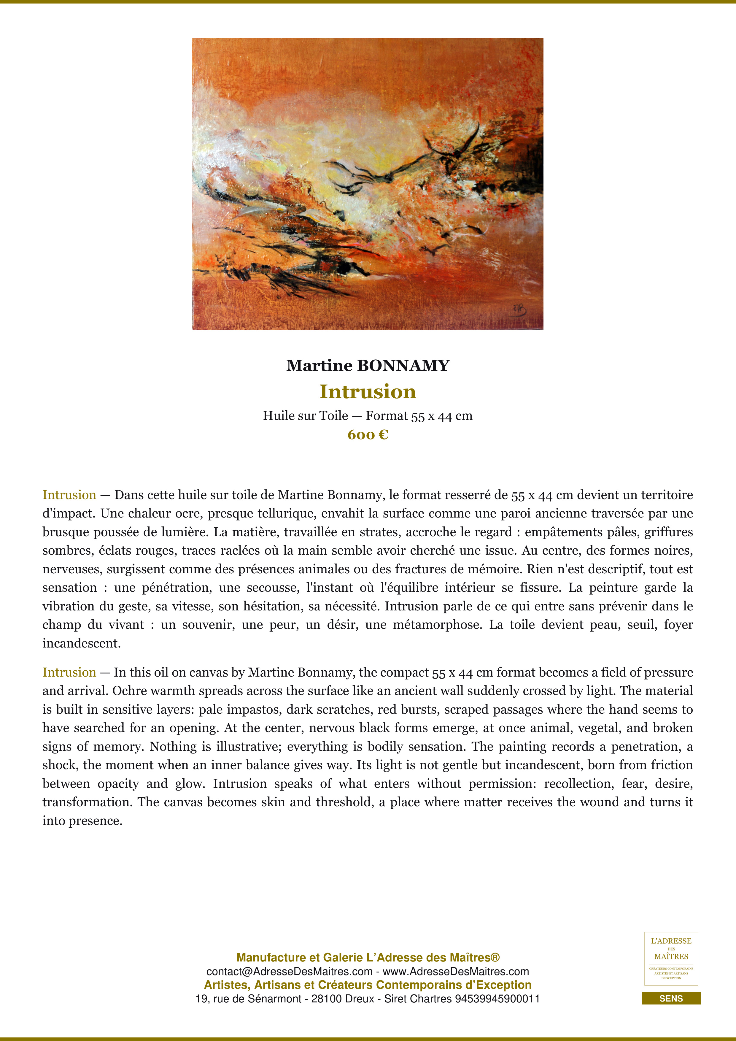 Fiche Premium — Intrusion — Martine BONNAMY — L'Adresse des Maîtres®