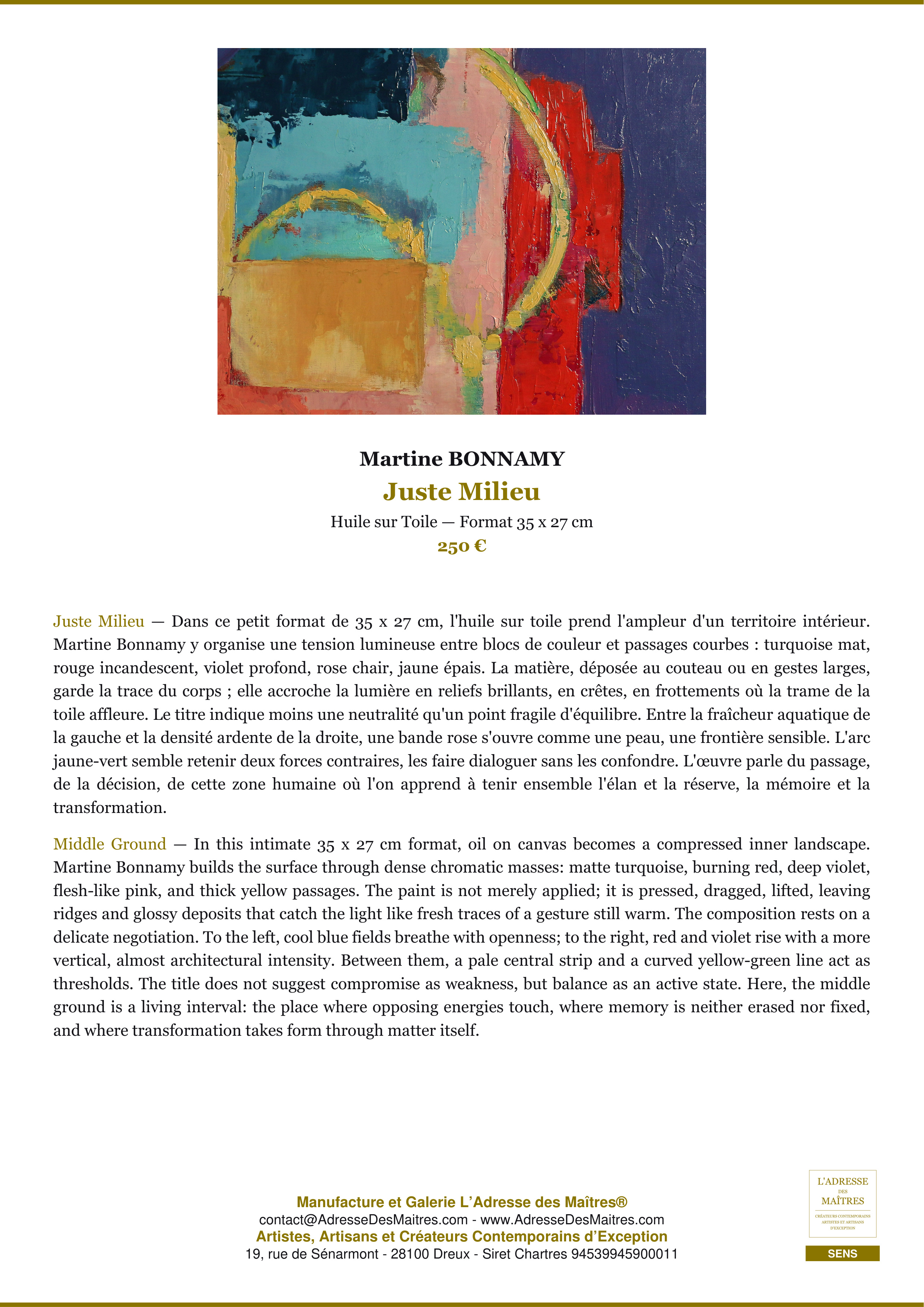 Fiche Premium — Juste Milieu — Martine BONNAMY — L'Adresse des Maîtres®