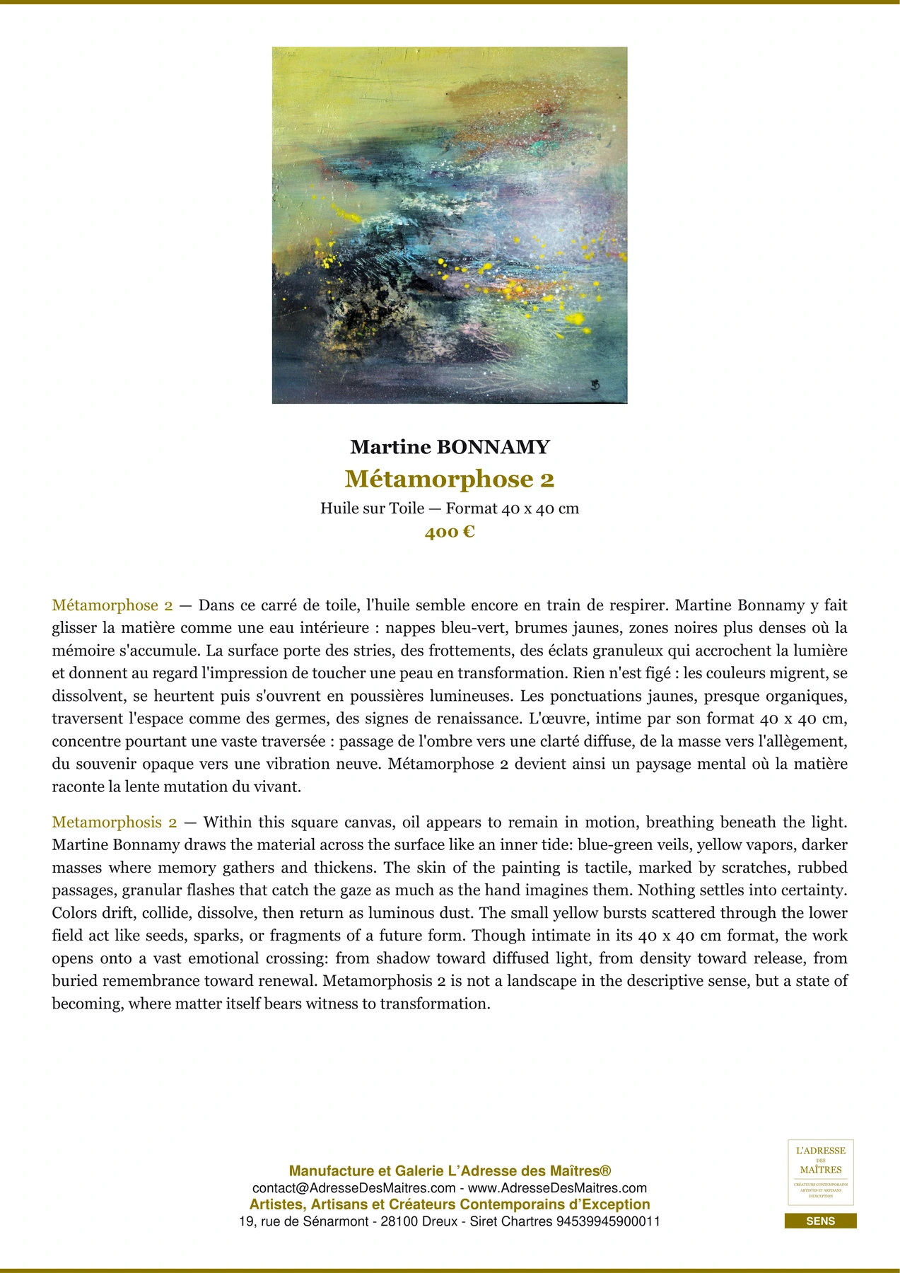 Fiche Premium - Métamorphose 2 - Martine BONNAMY - L'Adresse des Maîtres®