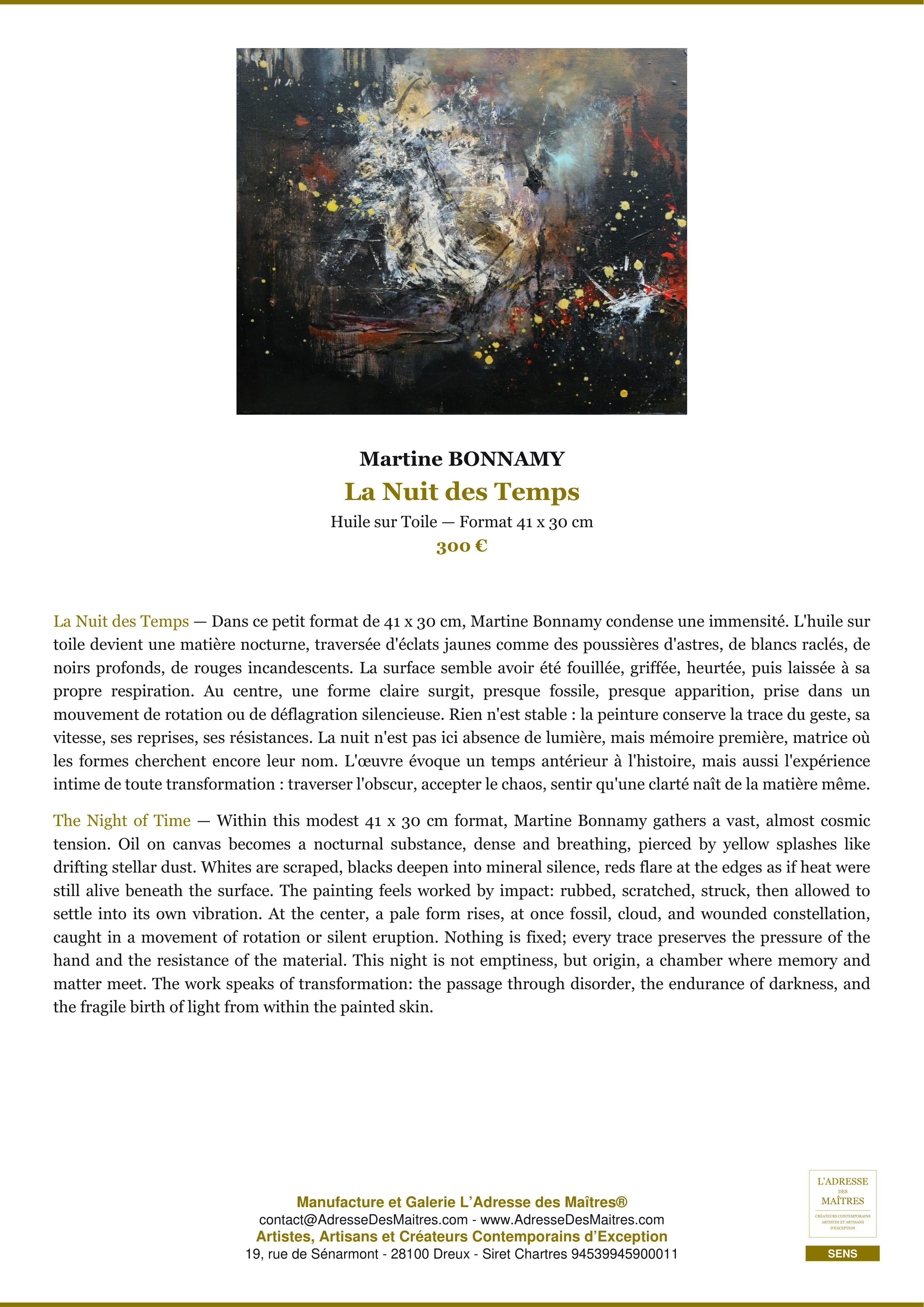Fiche Premium — La Nuit des Temps — Martine BONNAMY — L'Adresse des Maîtres®