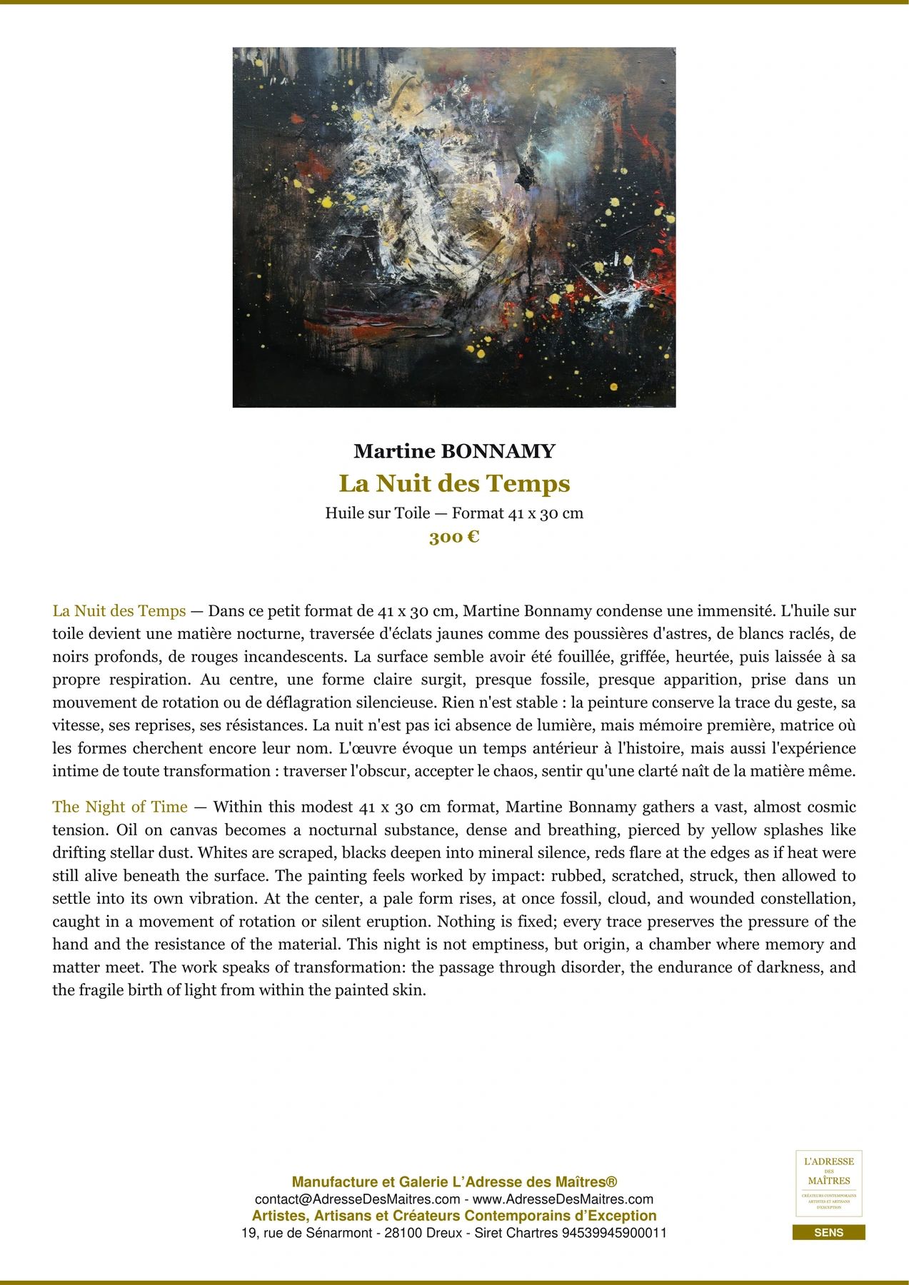 Fiche Premium - La Nuit des Temps - Martine BONNAMY - L'Adresse des Maîtres®