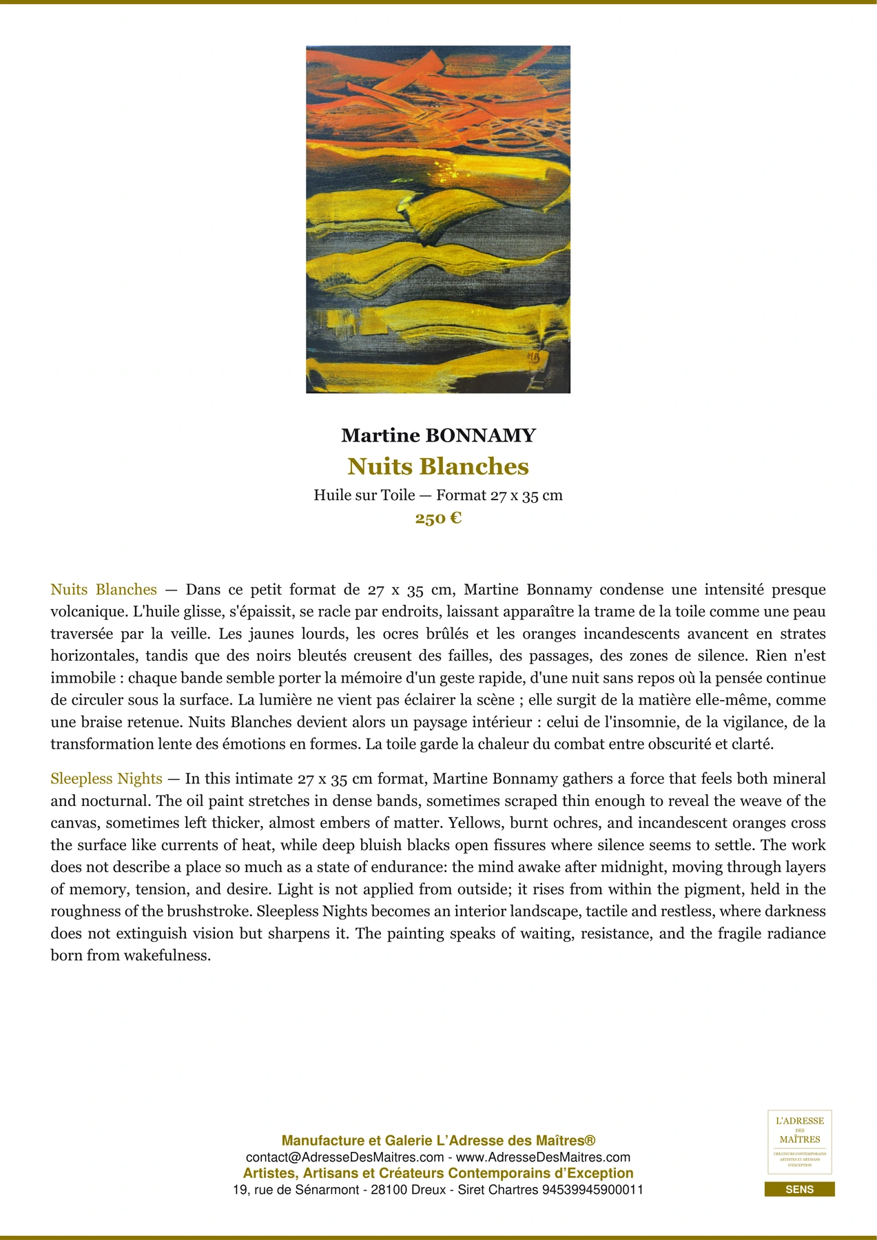 Fiche Premium - Nuits Blanches - Martine BONNAMY - L'Adresse des Maîtres®