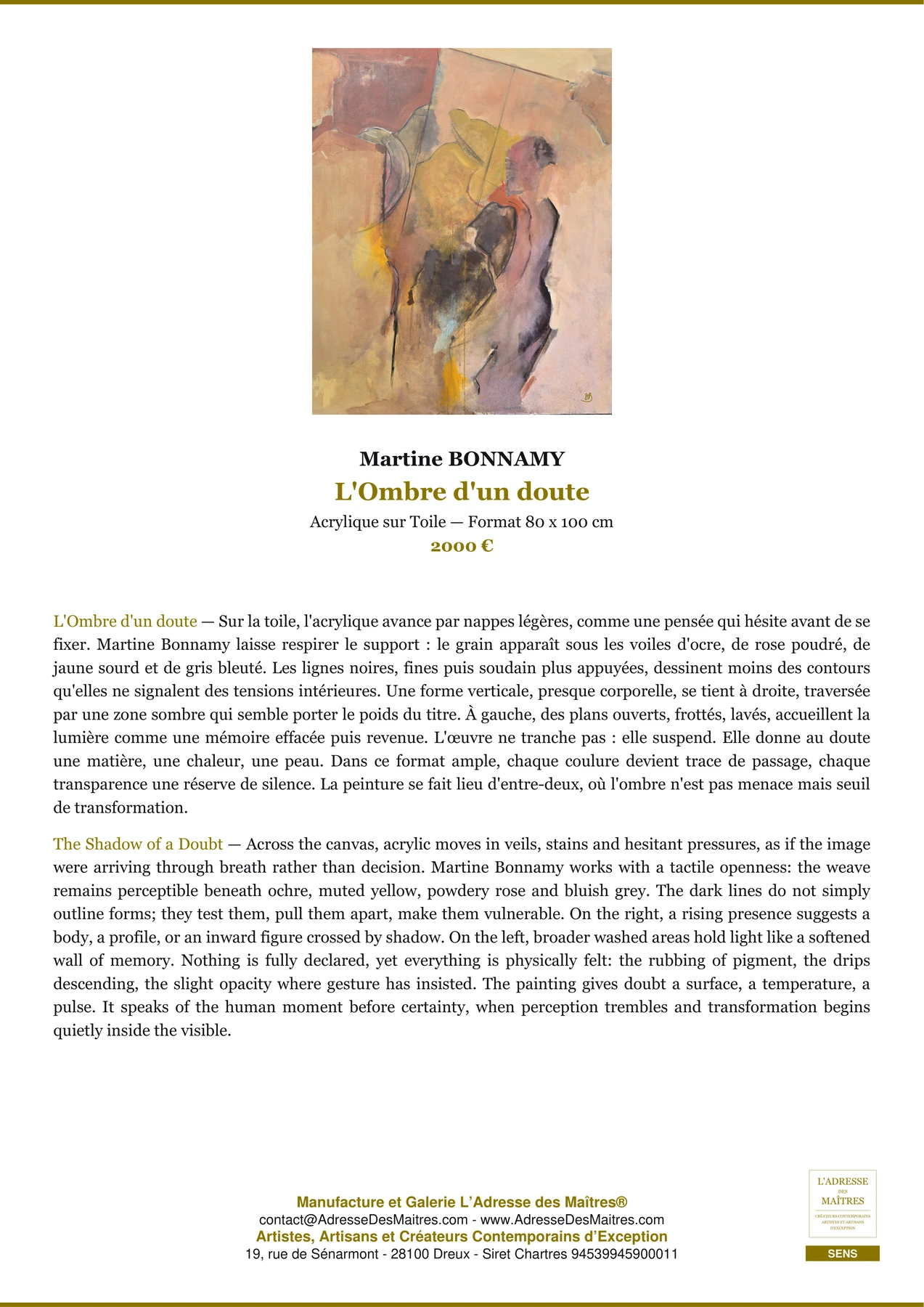 Fiche Premium - L'Ombre d'un doute - Martine BONNAMY - L'Adresse des Maîtres®