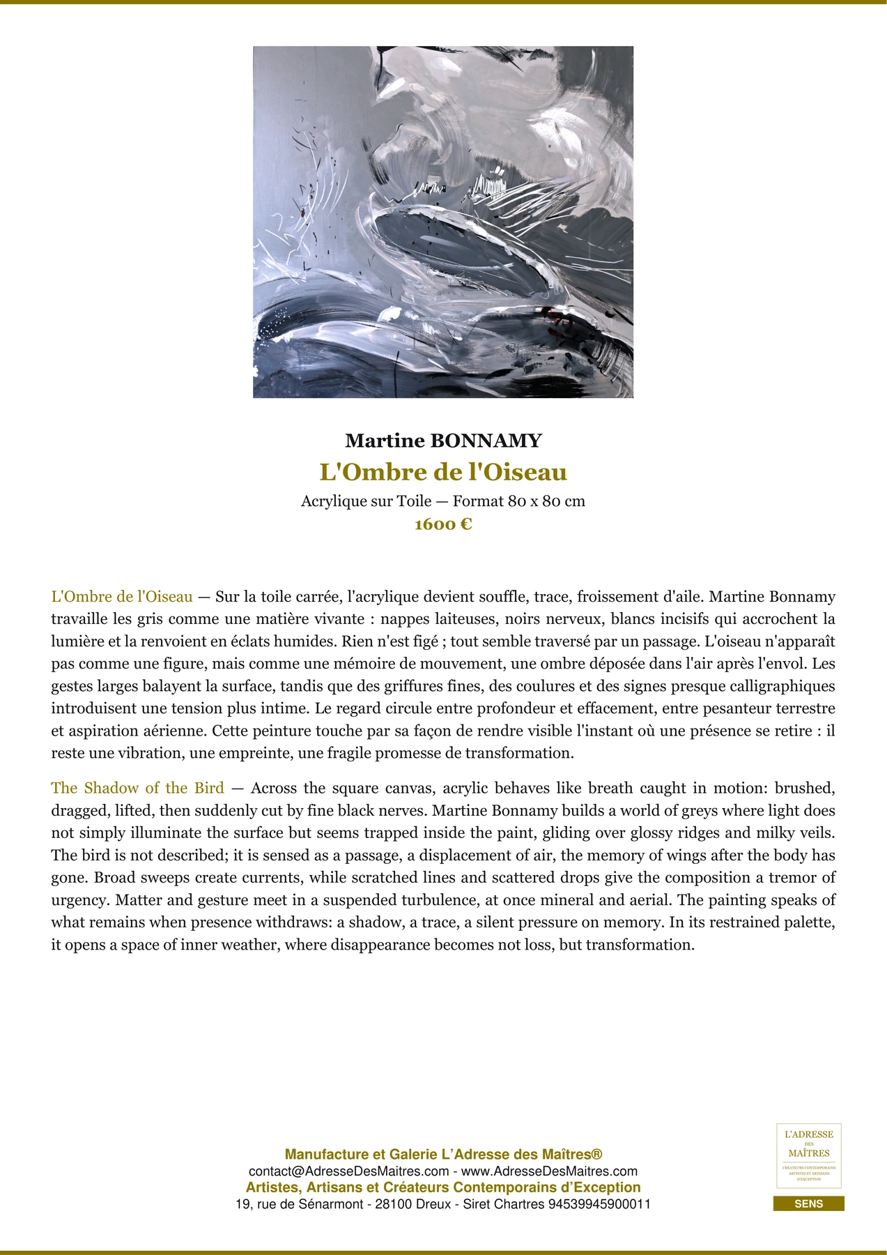 Fiche Premium - L'Ombre de l'Oiseau - Martine BONNAMY - L'Adresse des Maîtres®