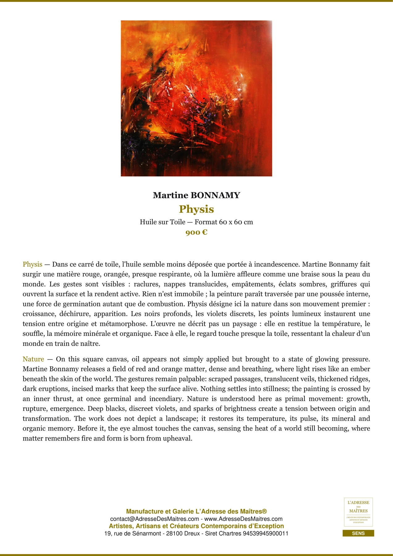 Fiche Premium - Physis - Martine BONNAMY - L'Adresse des Maîtres®