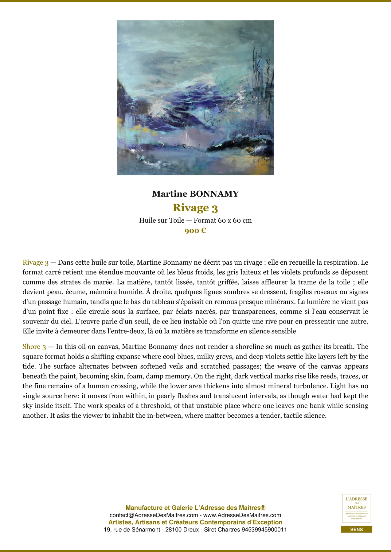 Fiche Premium - Rivage 3 - Martine BONNAMY - L'Adresse des Maîtres®