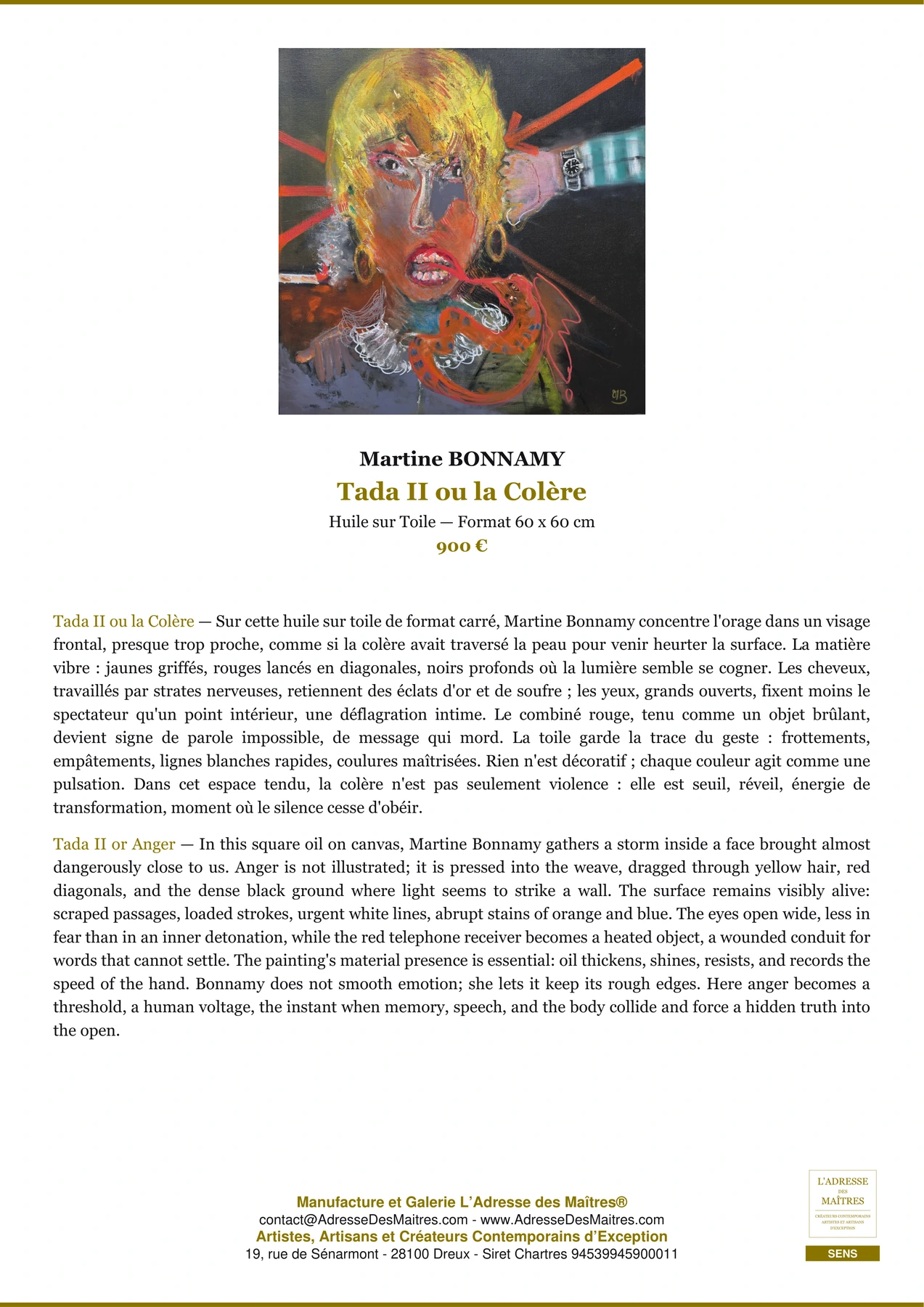 Fiche Premium - Tada II ou la Colère - Martine BONNAMY - L'Adresse des Maîtres®
