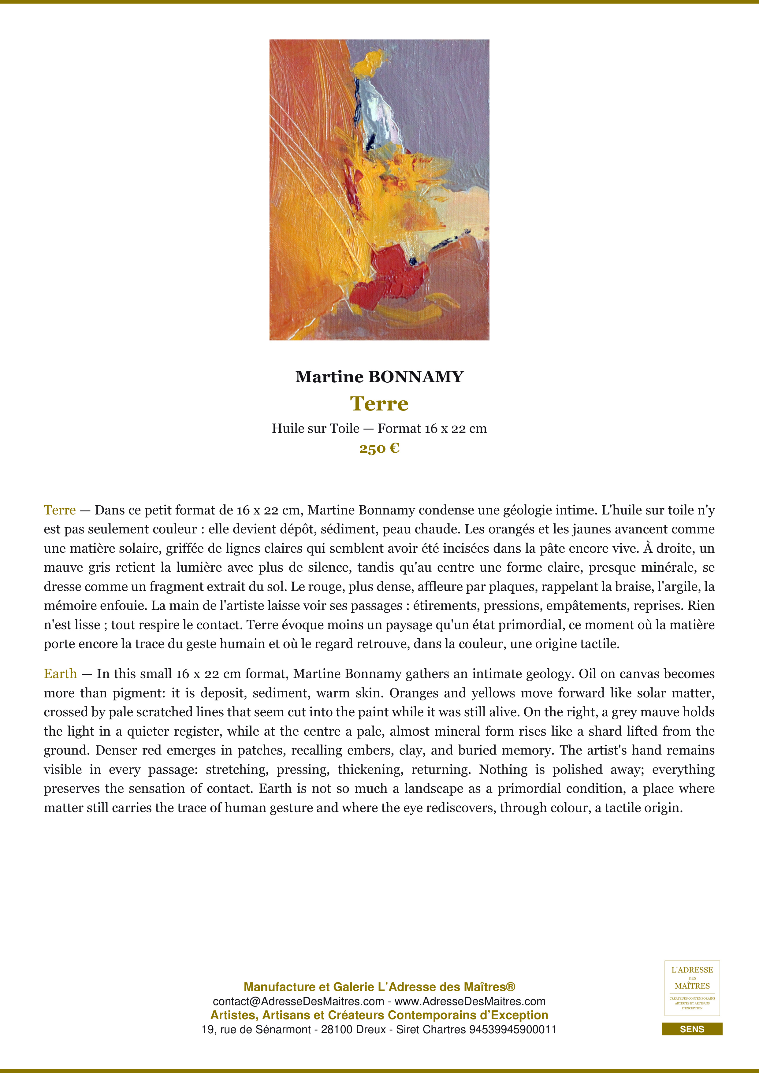 Fiche Premium — Terre — Martine BONNAMY — L'Adresse des Maîtres®