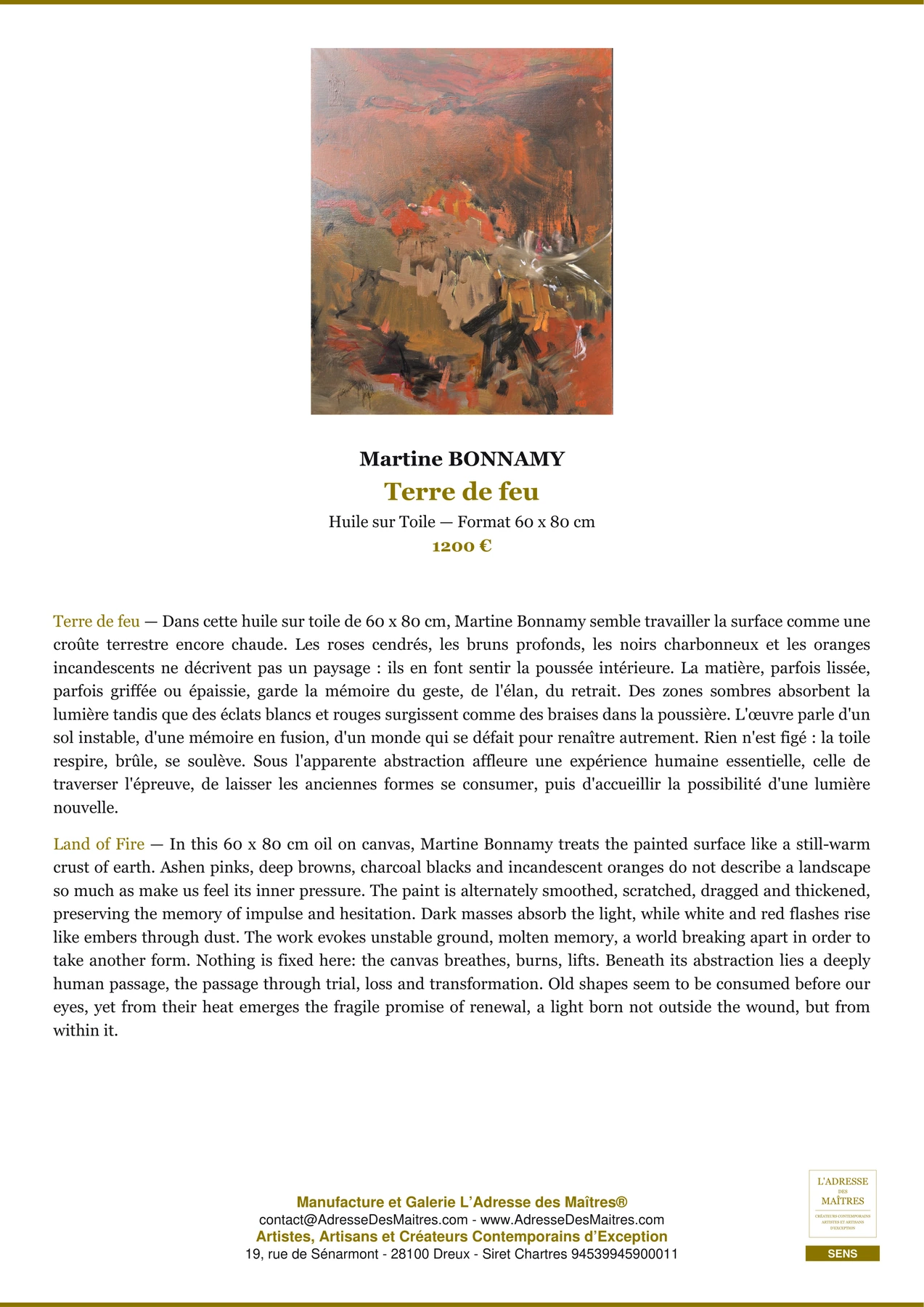 Fiche Premium - Terre de feu - Martine BONNAMY - L'Adresse des Maîtres®
