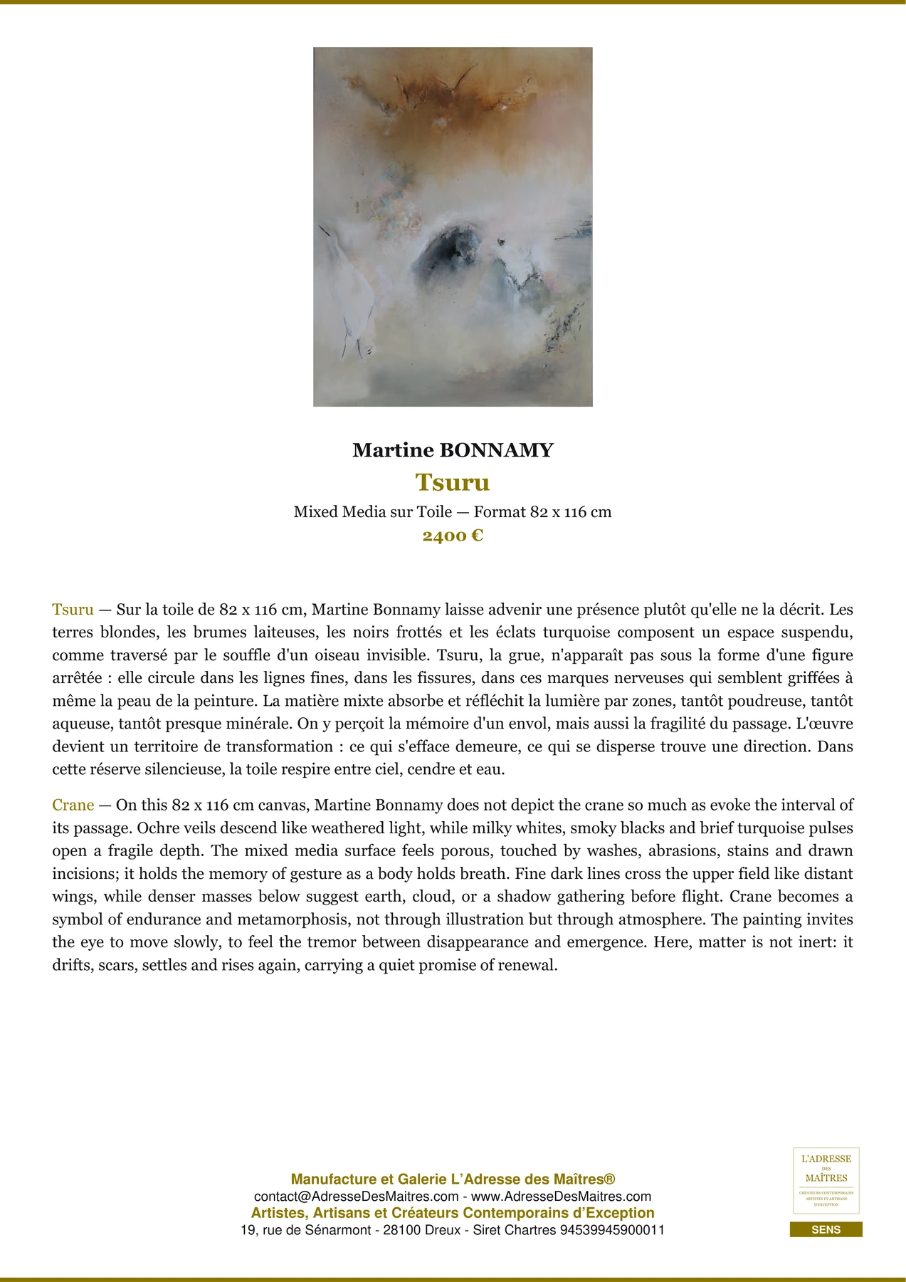 Fiche Premium - Tsuru - Martine BONNAMY - L'Adresse des Maîtres®