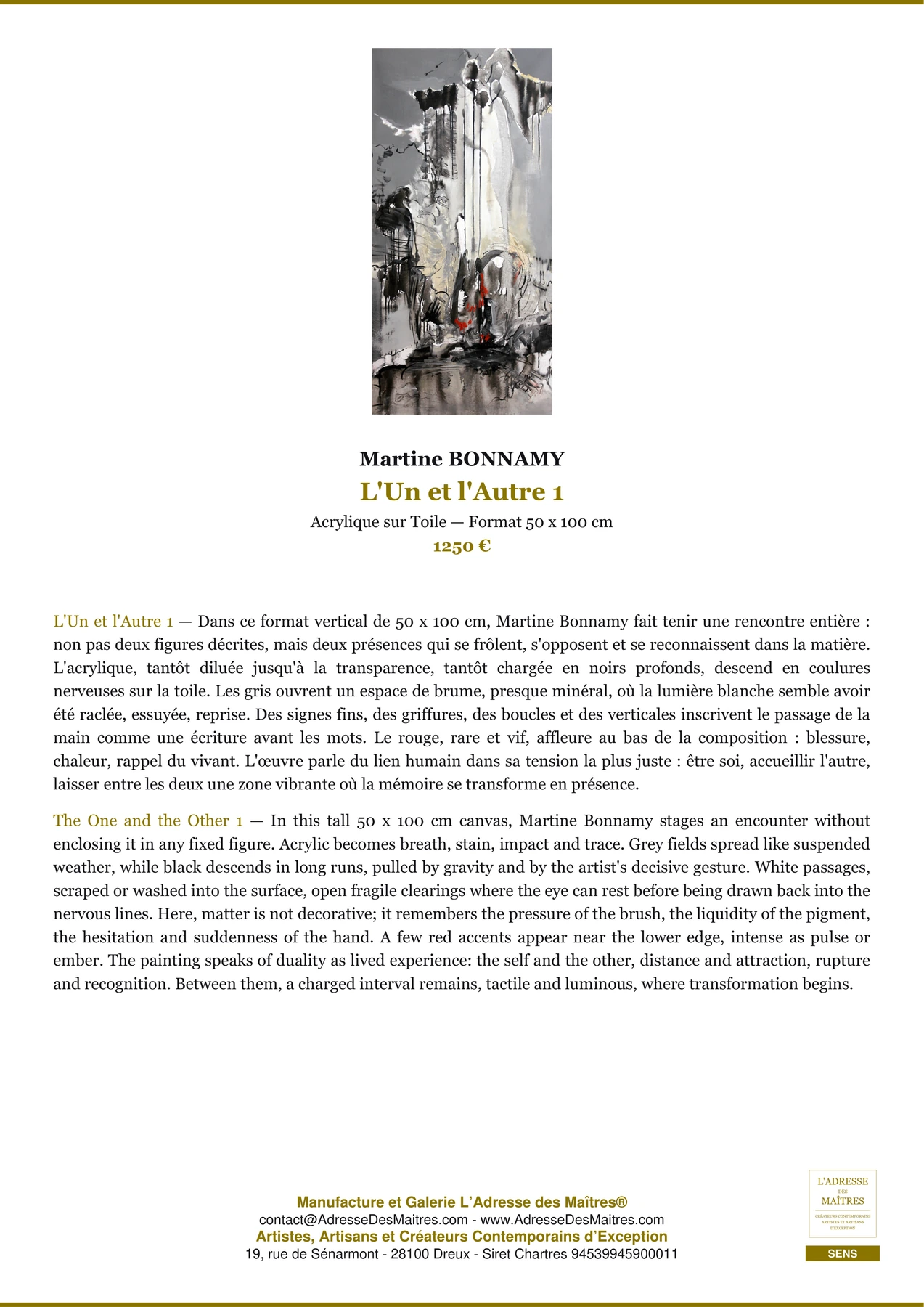 Fiche Premium - L'Un et l'Autre 1 - Martine BONNAMY - L'Adresse des Maîtres®