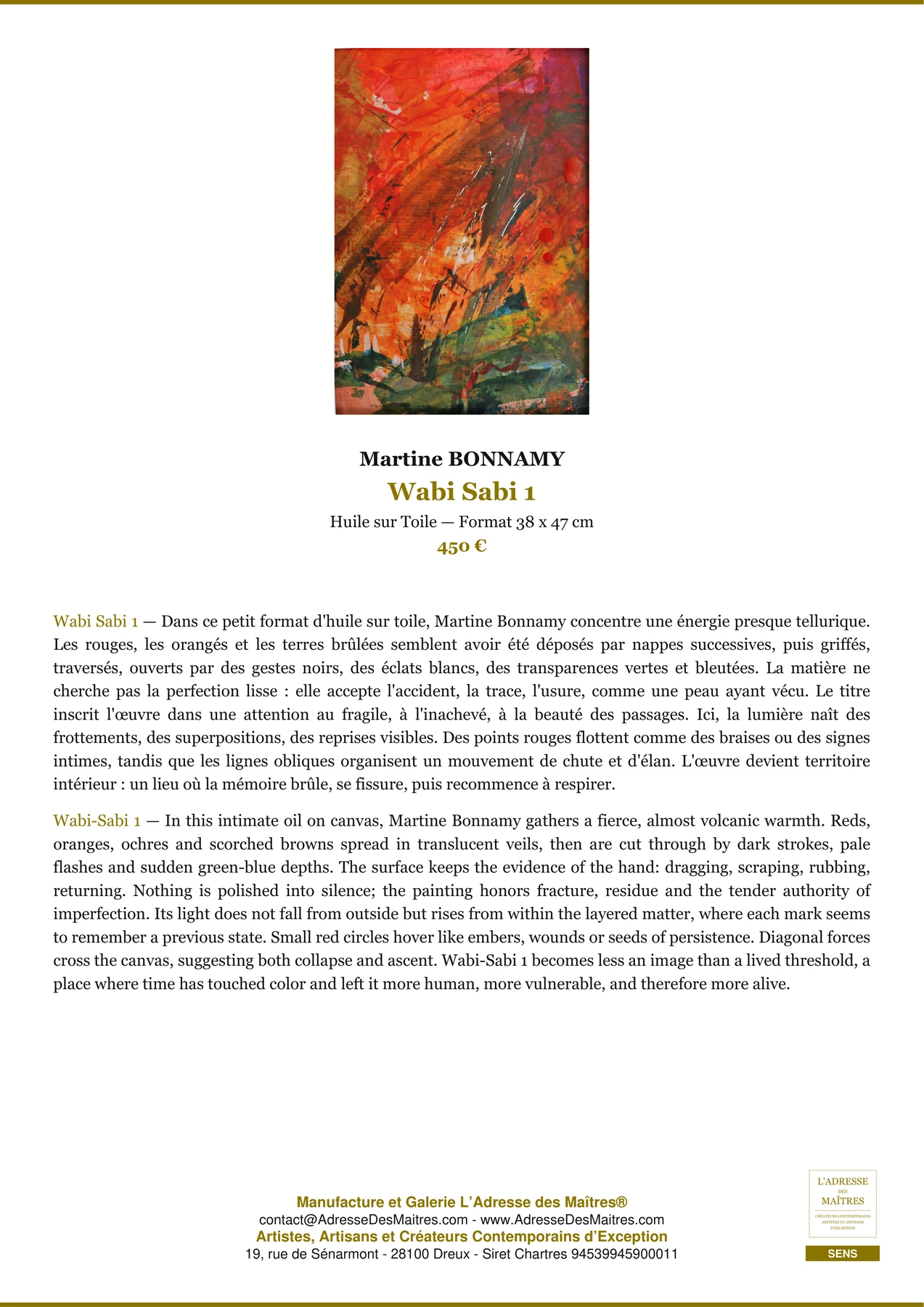 Fiche Premium - Wabi Sabi 1 - Martine BONNAMY - L'Adresse des Maîtres®