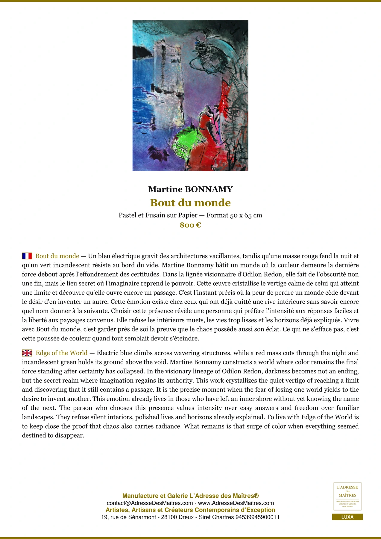 Fiche Premium - Bout du monde - Martine BONNAMY - L'Adresse des Maîtres®