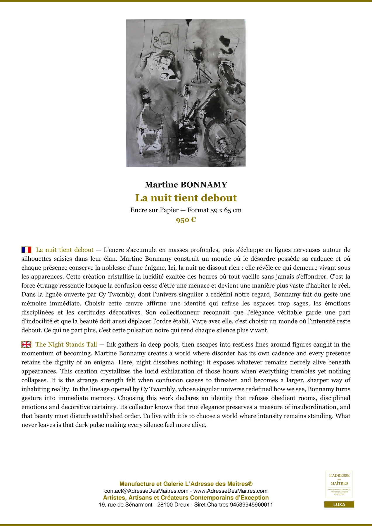 Fiche Premium - La nuit tient debout - Martine BONNAMY - L'Adresse des Maîtres®