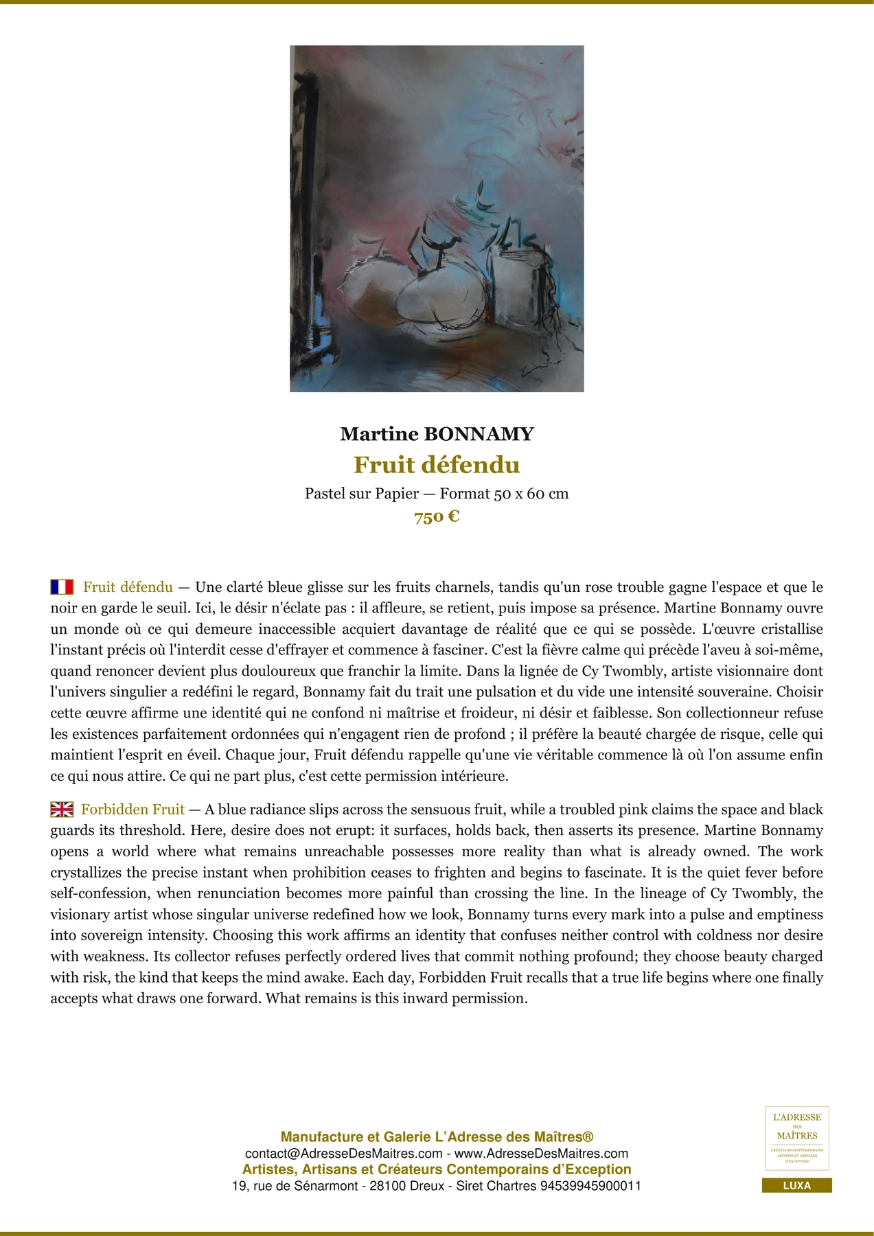 Fiche Premium - Fruit défendu - Martine BONNAMY - L'Adresse des Maîtres®