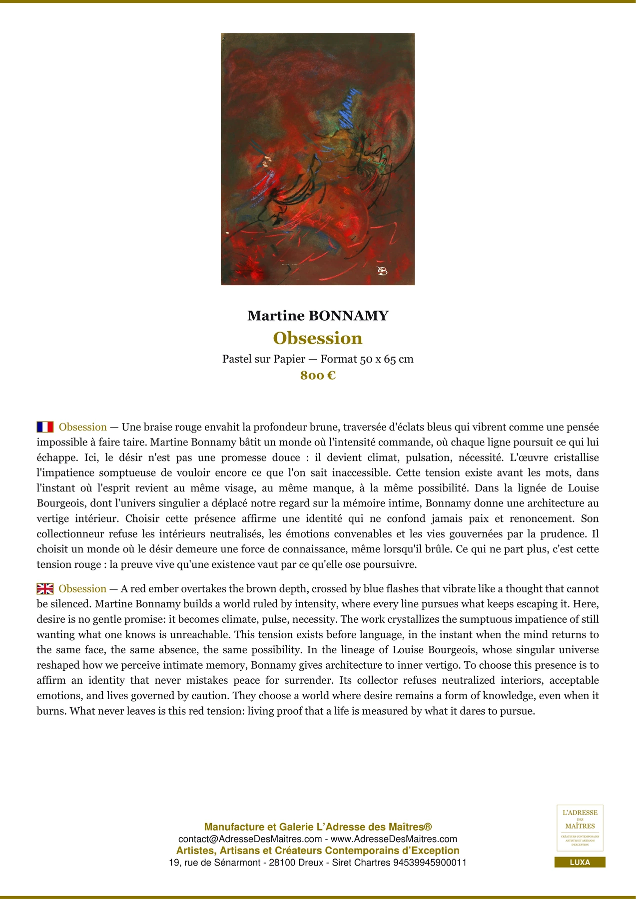 Fiche Premium - Obsession - Martine BONNAMY - L'Adresse des Maîtres®