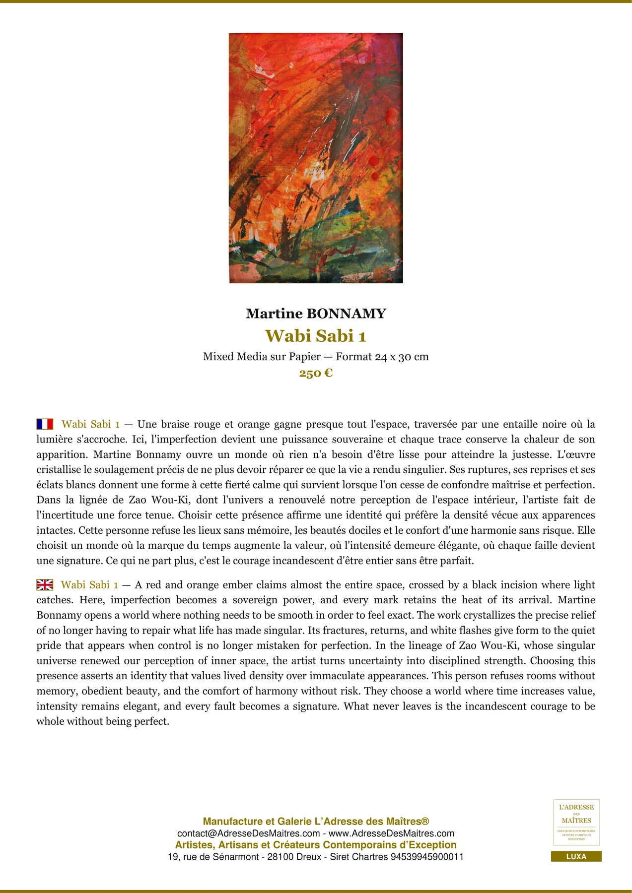 Fiche Premium - Wabi Sabi 1 - Martine BONNAMY - L'Adresse des Maîtres®