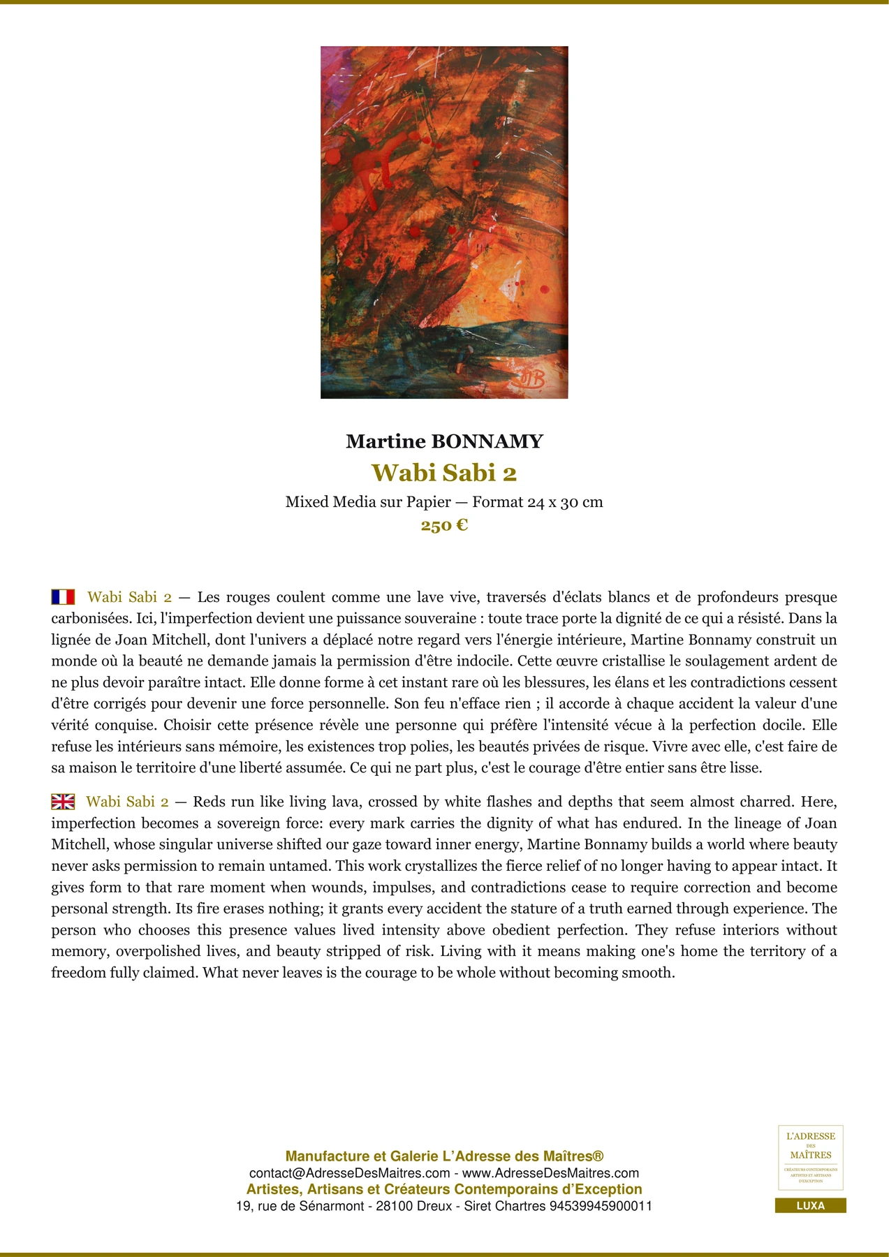 Fiche Premium - Wabi Sabi 2 - Martine BONNAMY - L'Adresse des Maîtres®
