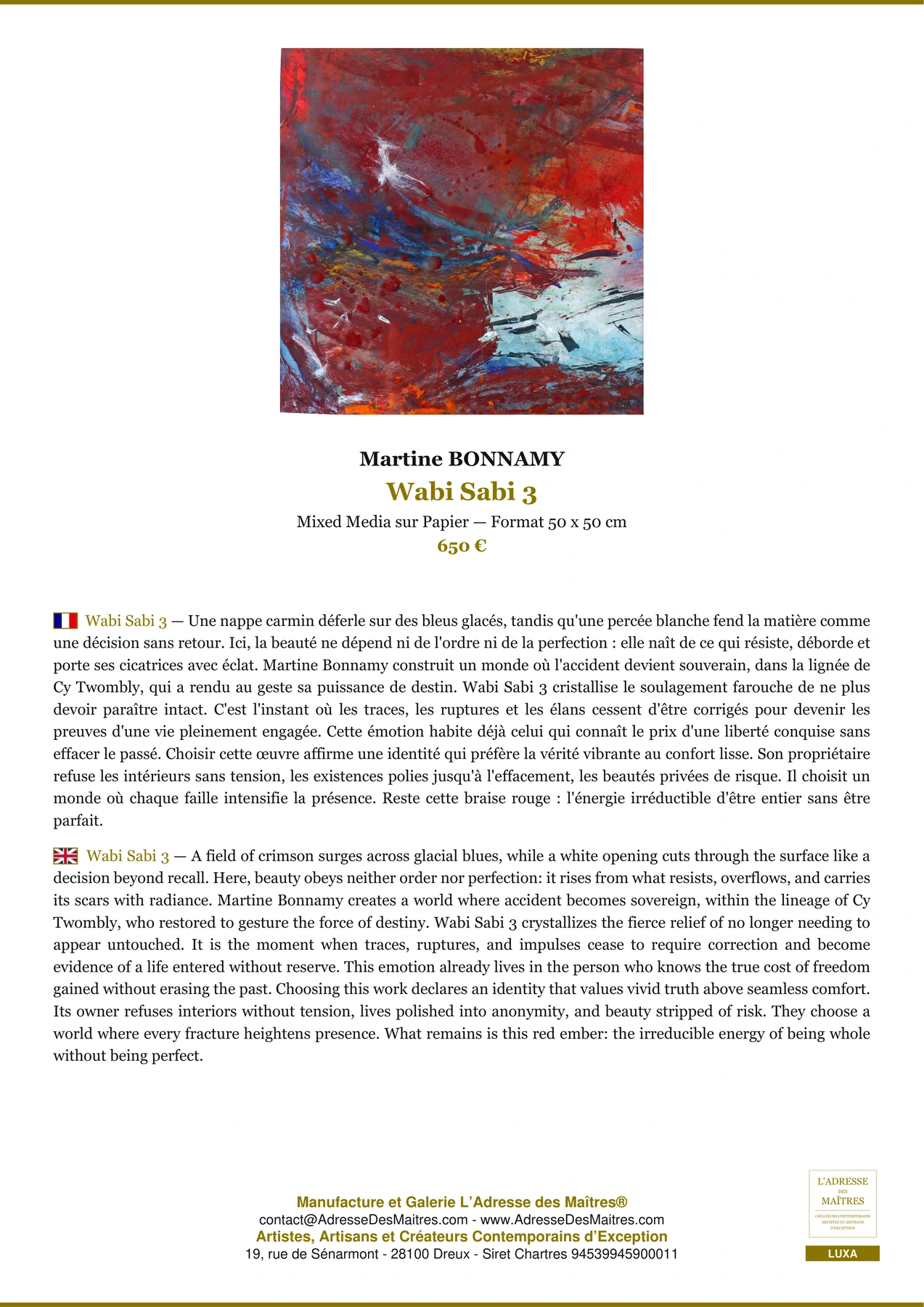 Fiche Premium - Wabi Sabi 3 - Martine BONNAMY - L'Adresse des Maîtres®