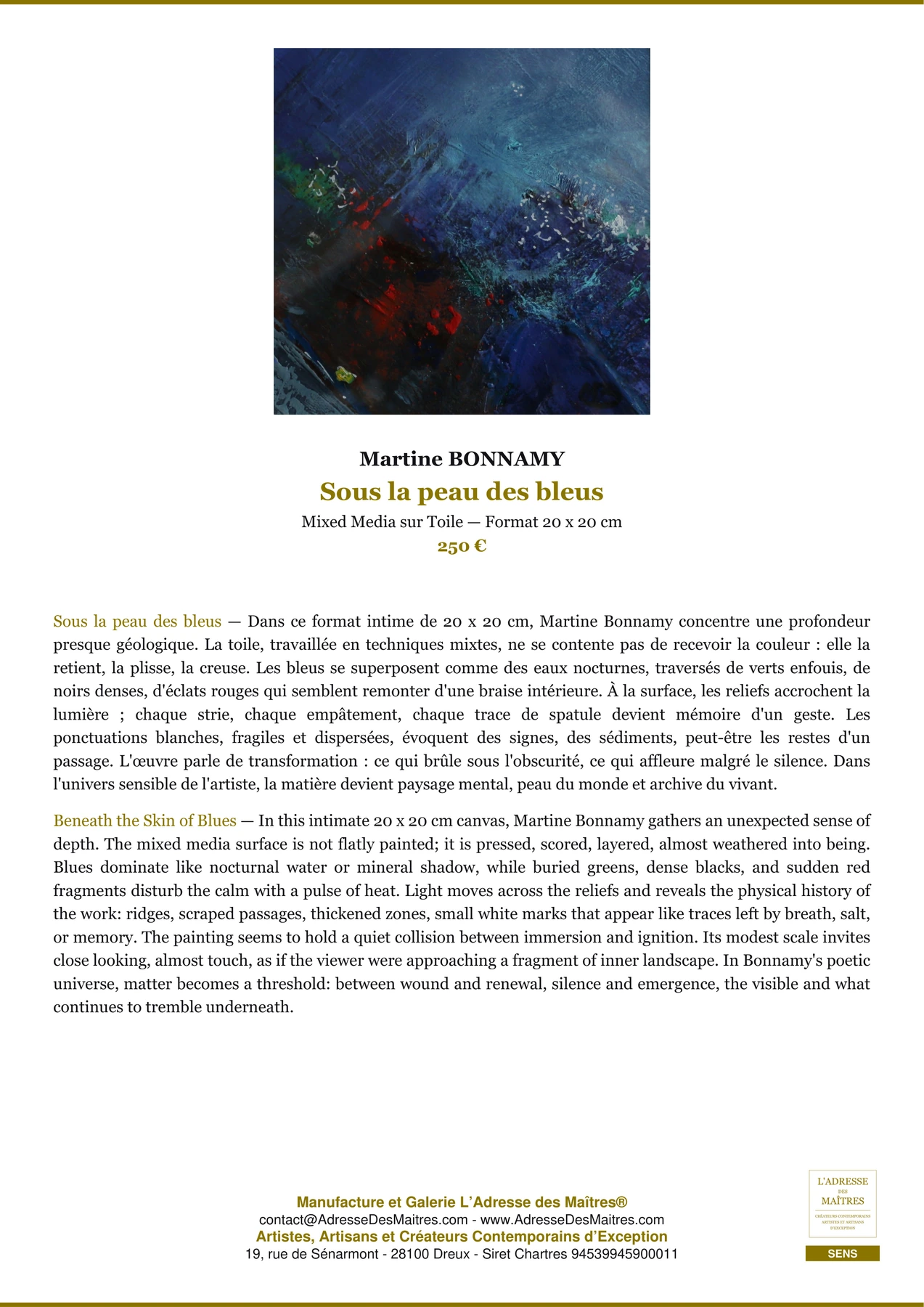 Fiche Premium - Sous la peau des bleus - Martine BONNAMY - L'Adresse des Maîtres®