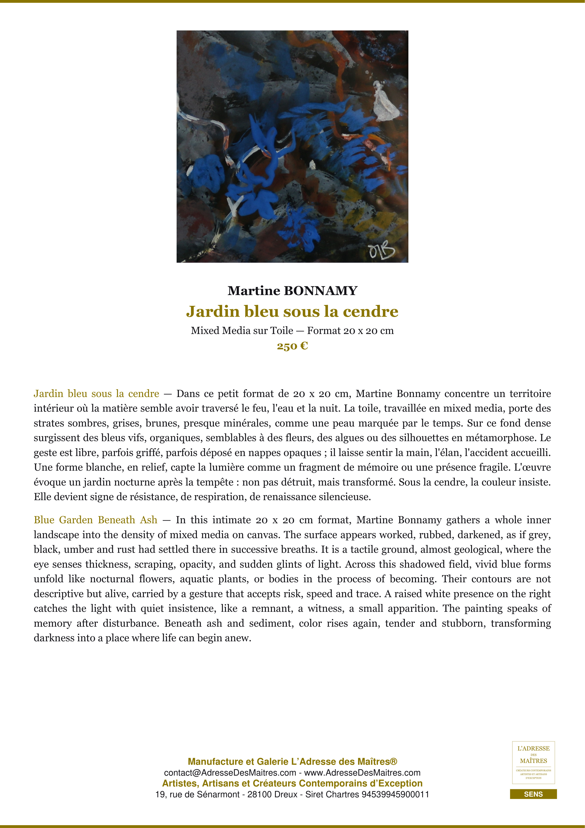 Fiche Premium — Jardin bleu sous la cendre — Martine BONNAMY — L'Adresse des Maîtres®