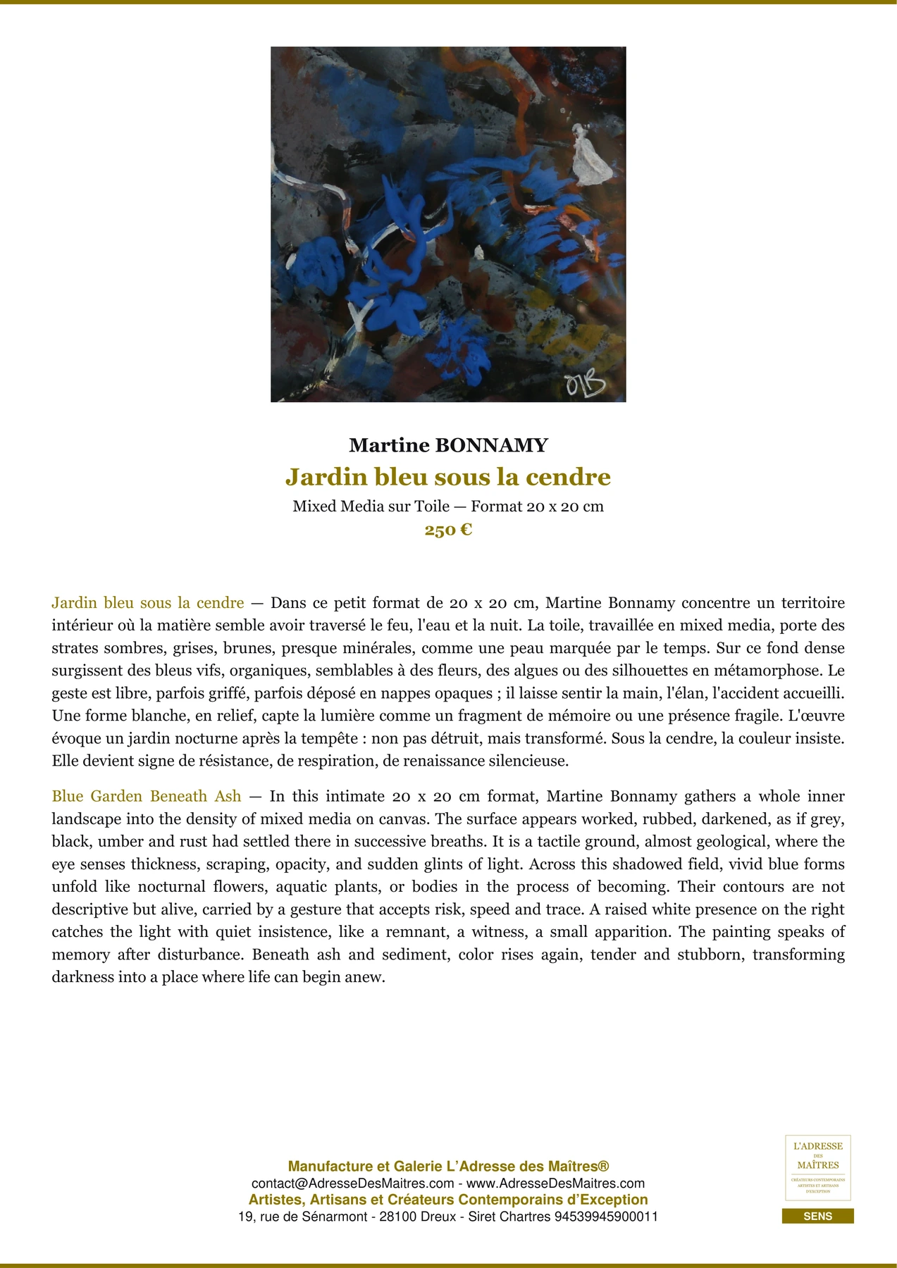 Fiche Premium - Jardin bleu sous la cendre - Martine BONNAMY - L'Adresse des Maîtres®