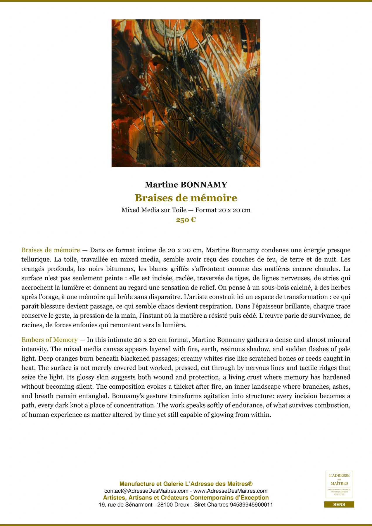 Fiche Premium - Braises de mémoire - Martine BONNAMY - L'Adresse des Maîtres®