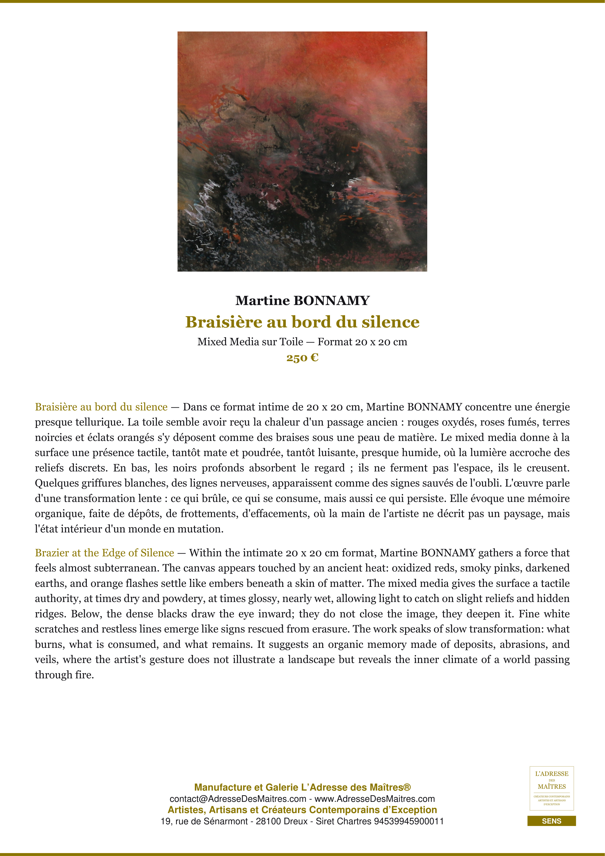 Fiche Premium — Braisière au bord du silence — Martine BONNAMY — L'Adresse des Maîtres®