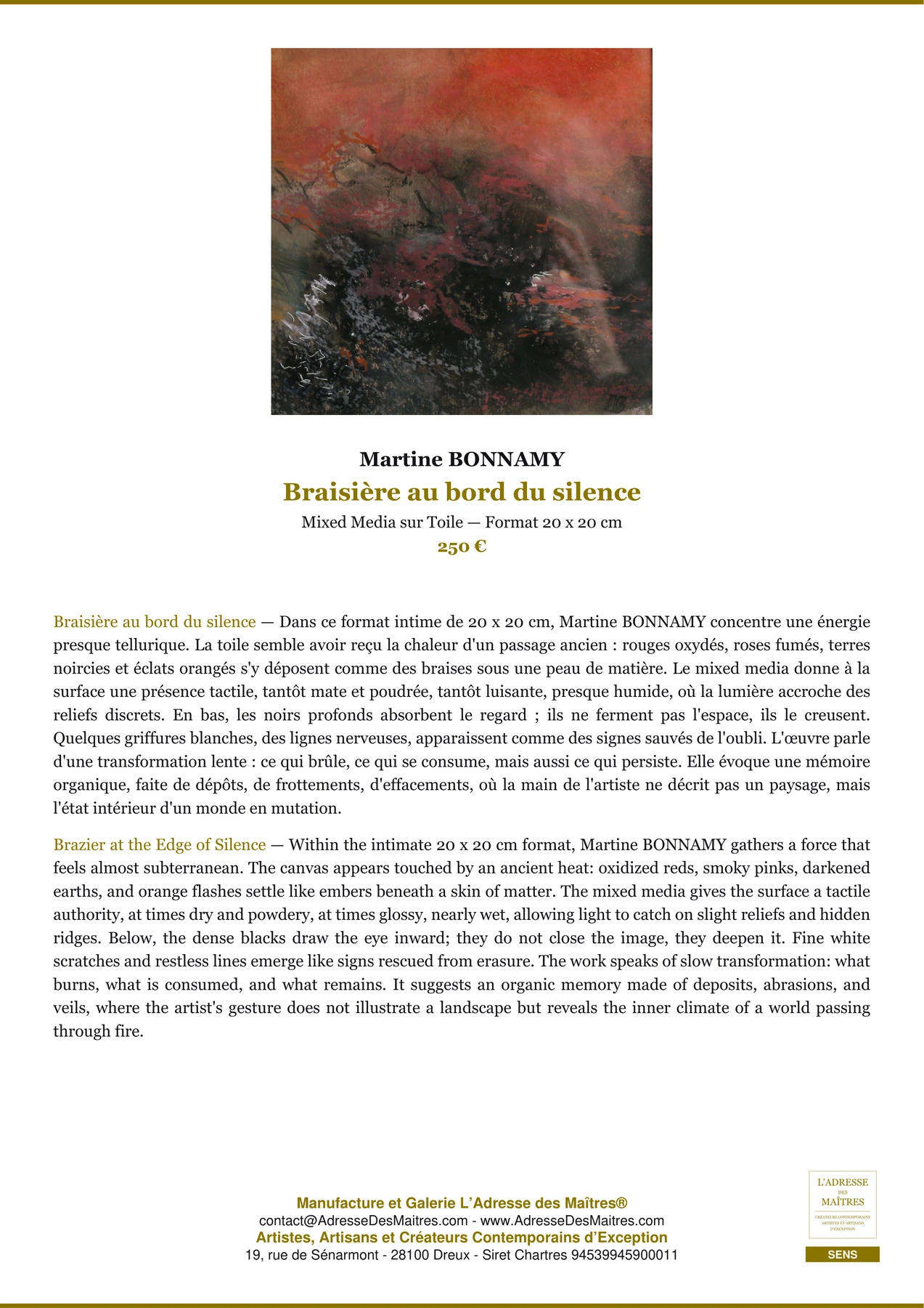 Fiche Premium - Braisière au bord du silence - Martine BONNAMY - L'Adresse des Maîtres®