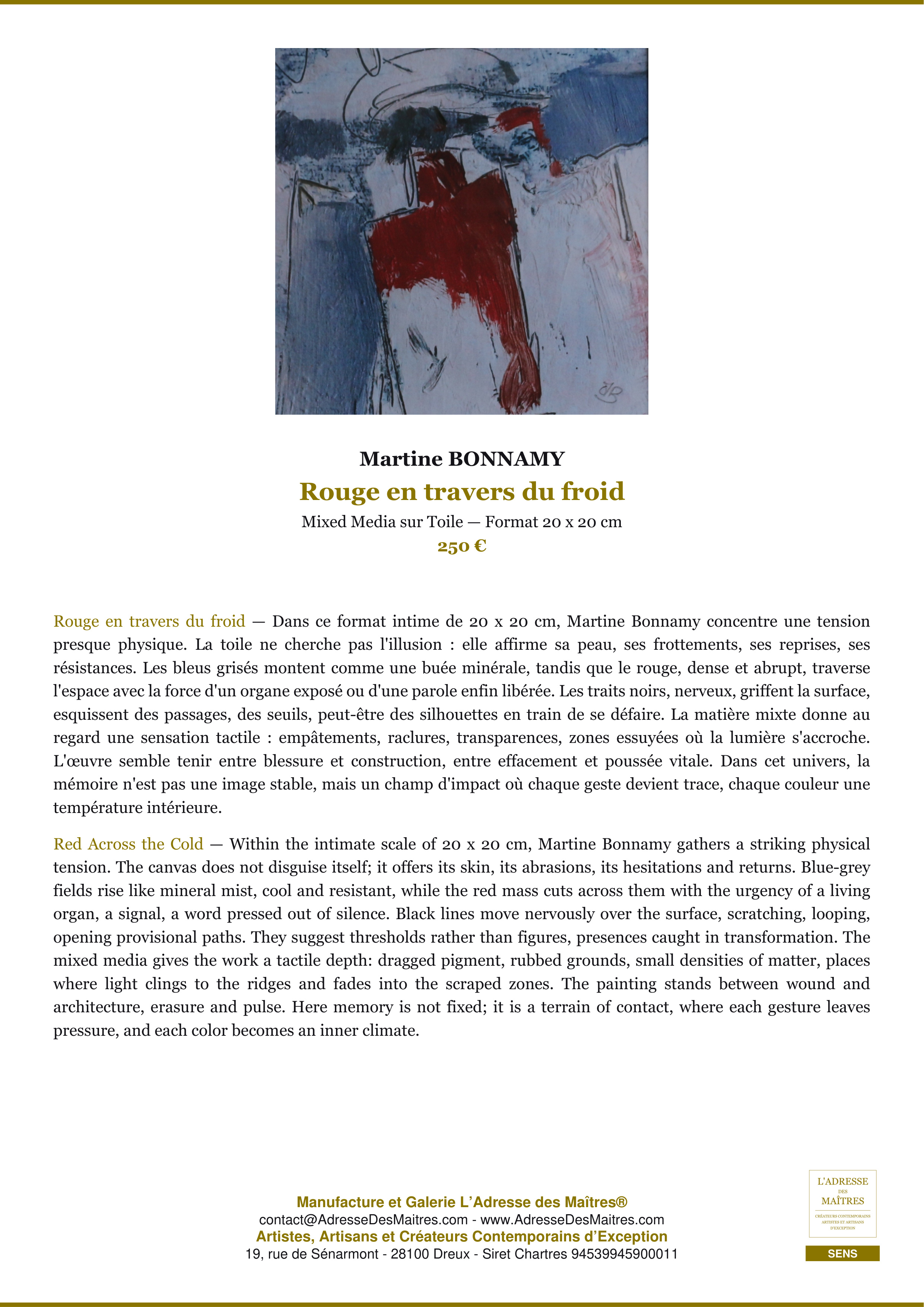 Fiche Premium — Rouge en travers du froid — Martine BONNAMY — L'Adresse des Maîtres®