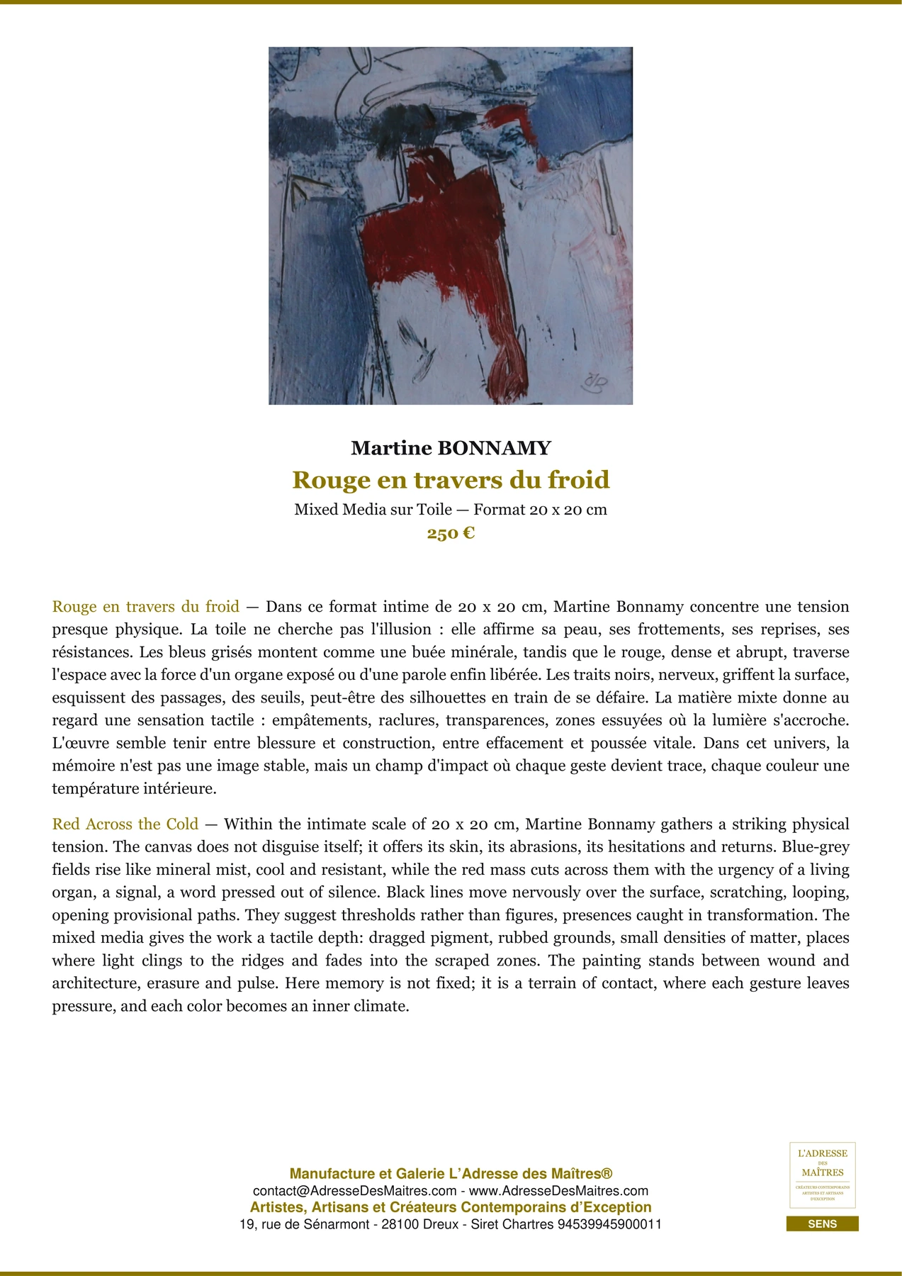 Fiche Premium - Rouge en travers du froid - Martine BONNAMY - L'Adresse des Maîtres®