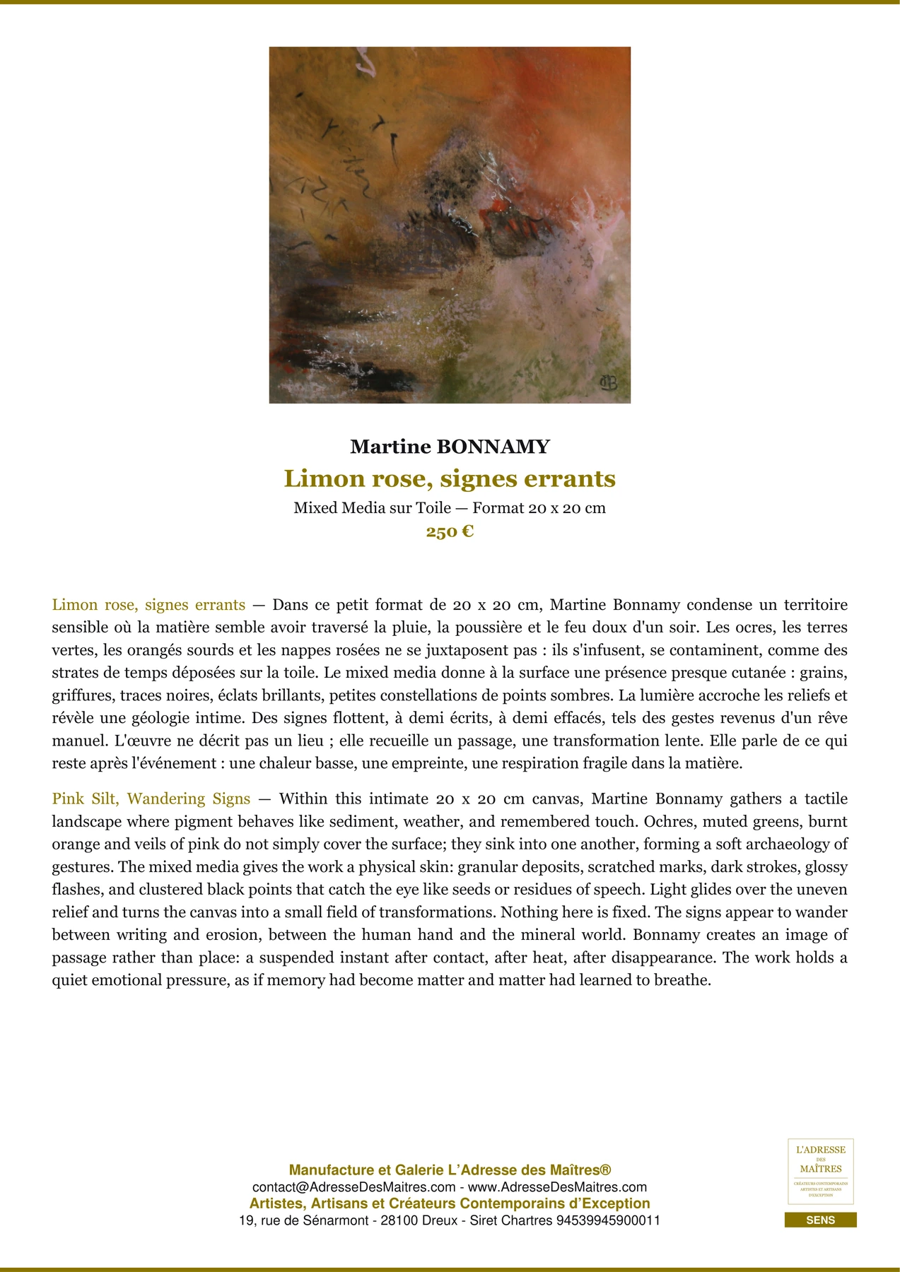 Fiche Premium - Limon rose, signes errants - Martine BONNAMY - L'Adresse des Maîtres®