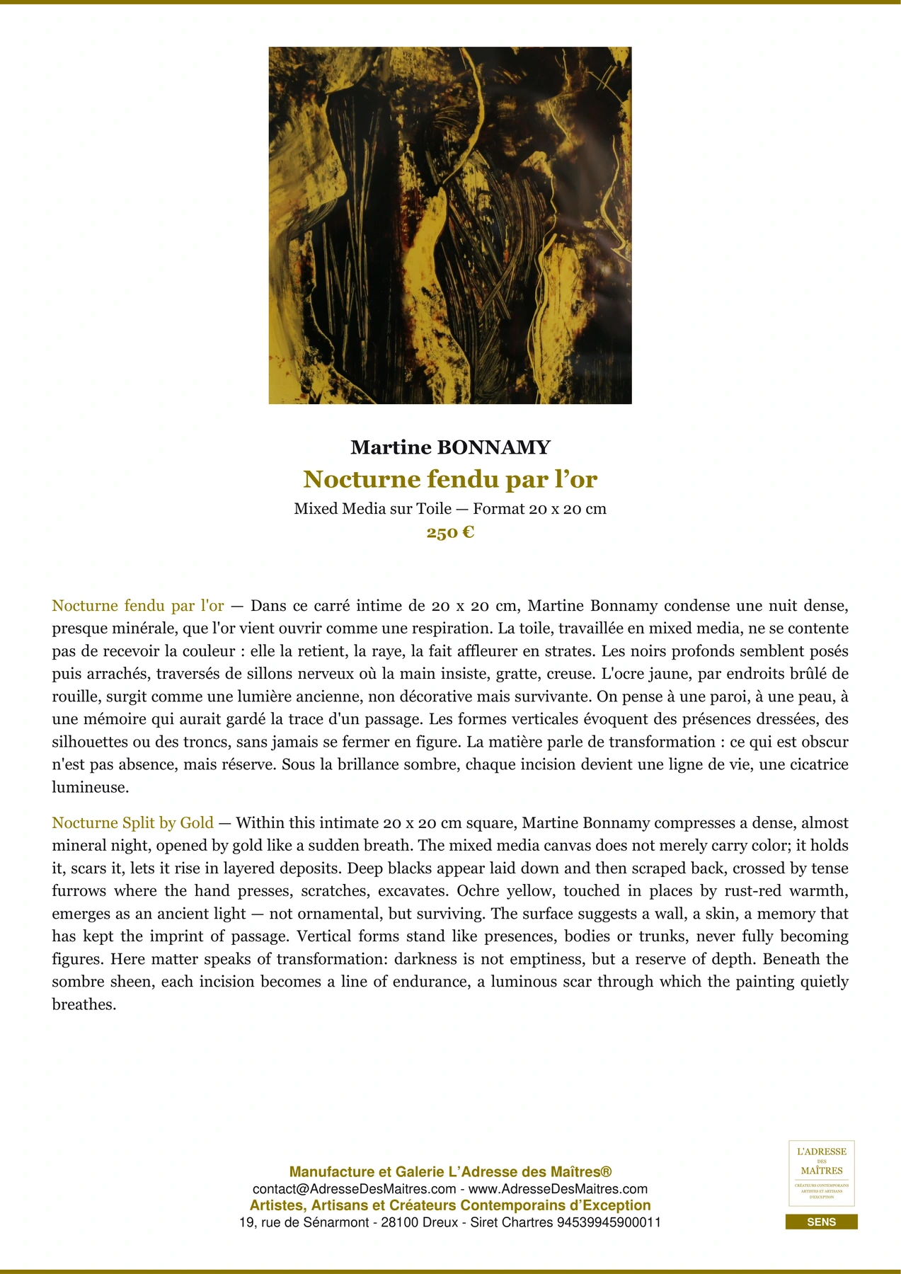 Fiche Premium - Nocturne fendu par l’or - Martine BONNAMY - L'Adresse des Maîtres®