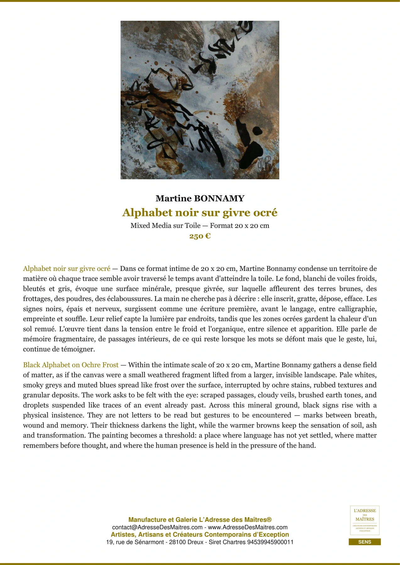 Fiche Premium - Alphabet noir sur givre ocré - Martine BONNAMY - L'Adresse des Maîtres®