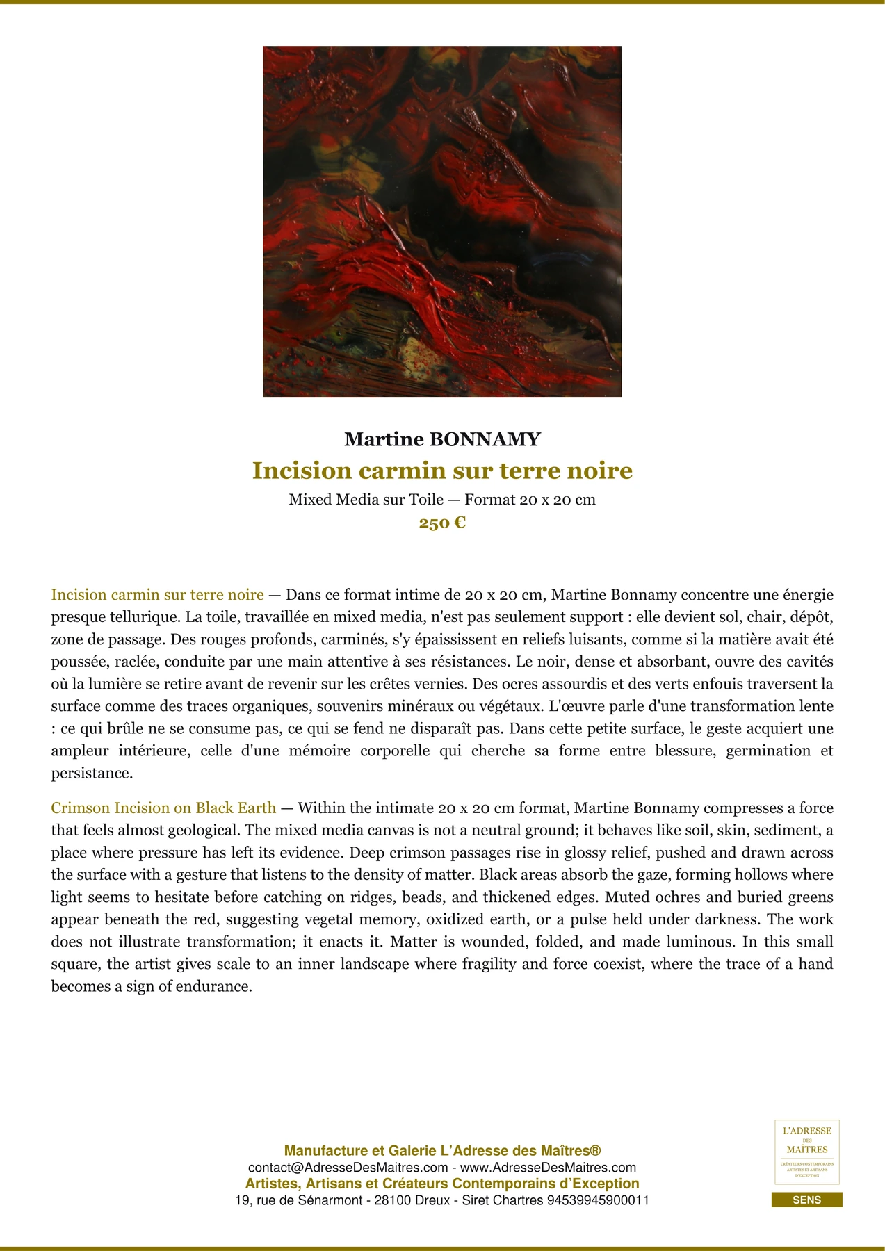 Fiche Premium - Incision carmin sur terre noire - Martine BONNAMY - L'Adresse des Maîtres®