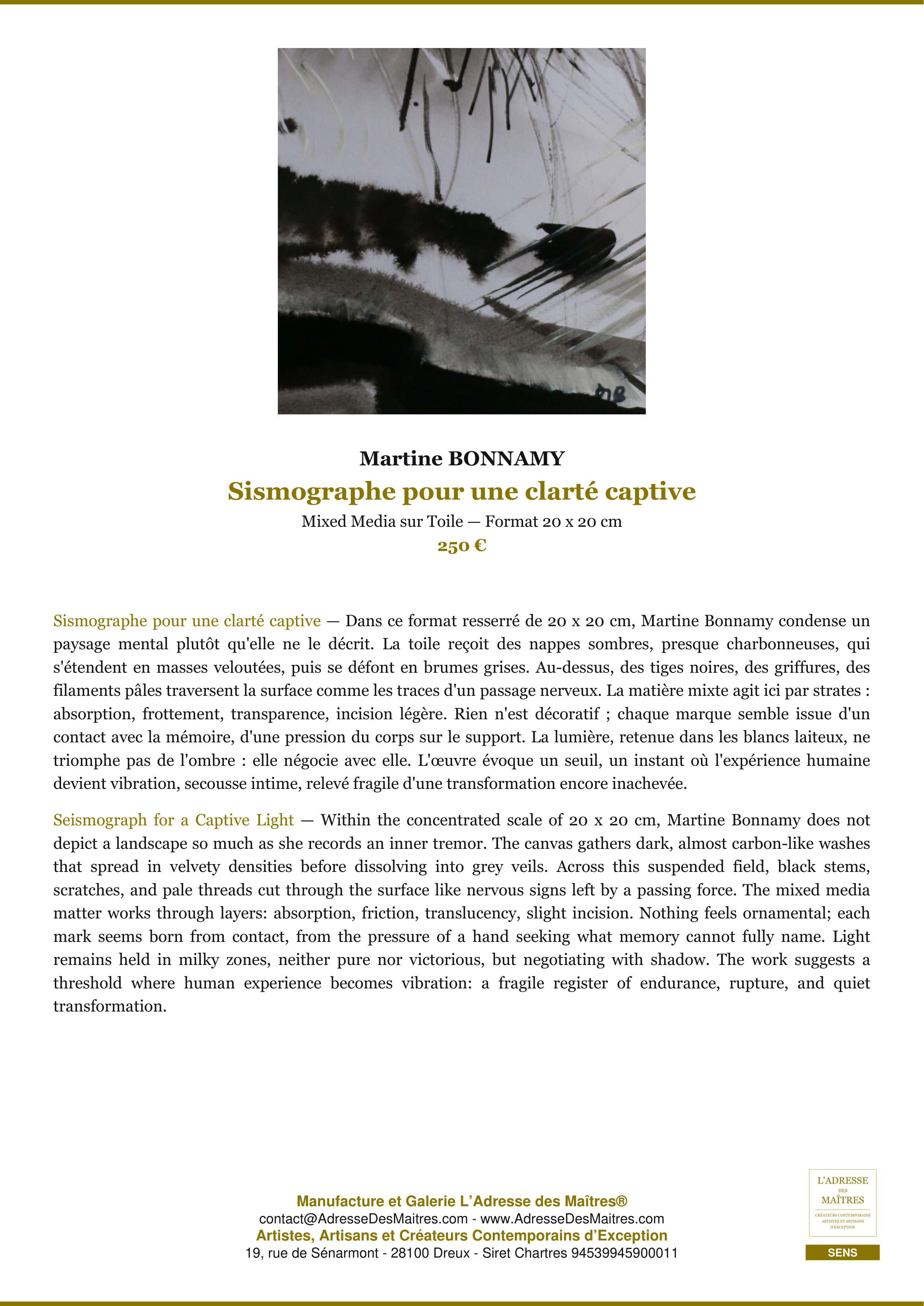Fiche Premium — Sismographe pour une clarté captive — Martine BONNAMY — L'Adresse des Maîtres®