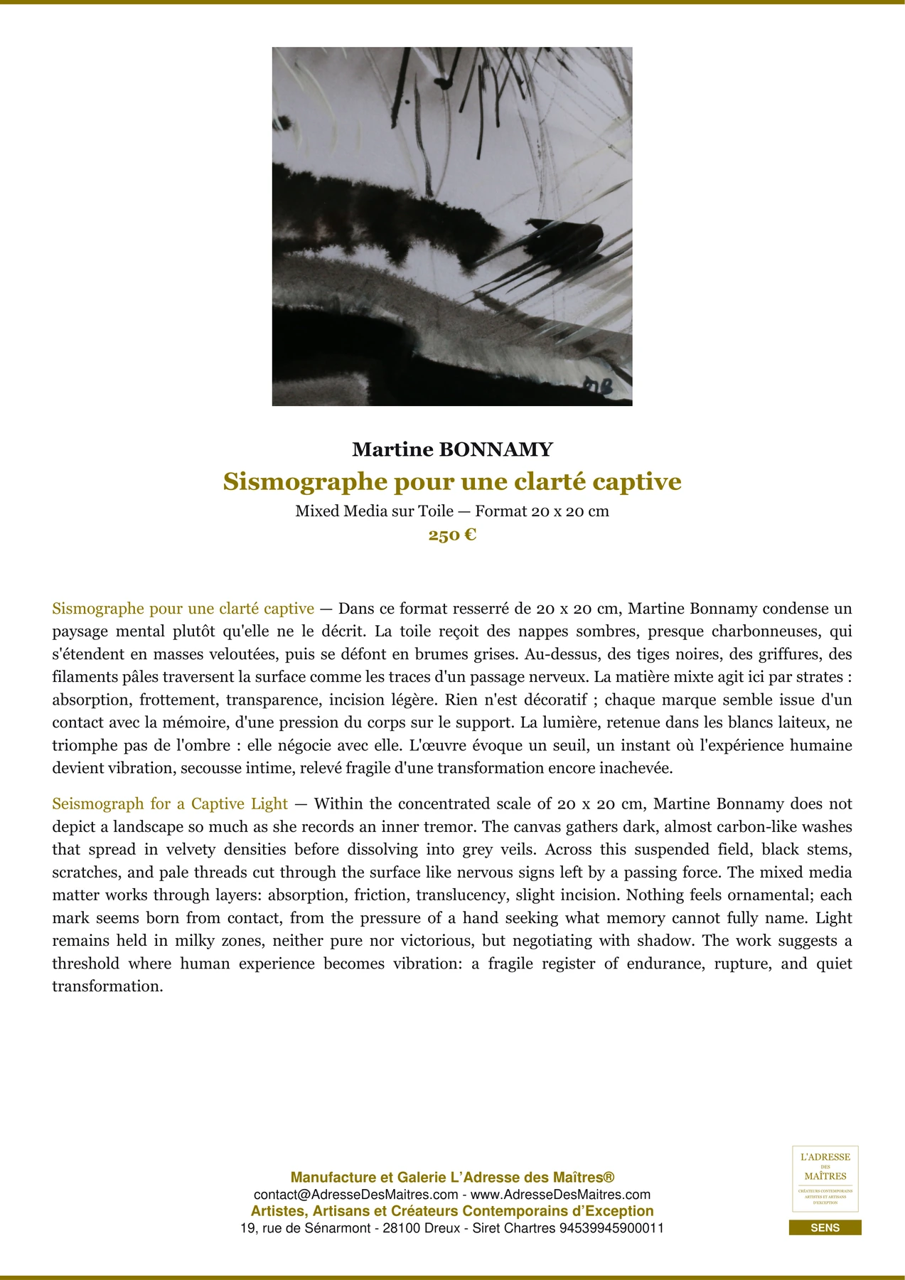 Fiche Premium - Sismographe pour une clarté captive - Martine BONNAMY - L'Adresse des Maîtres®