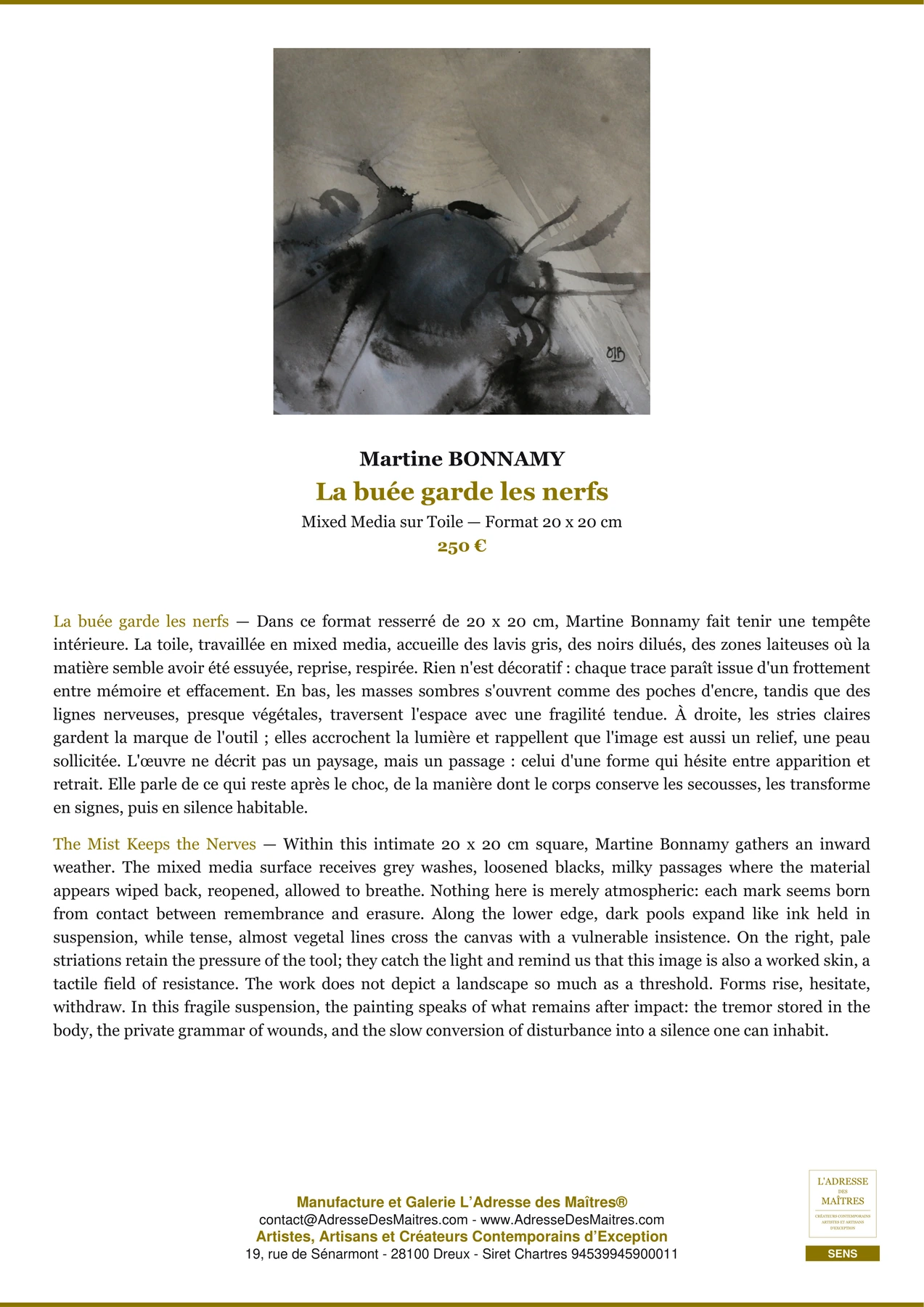 Fiche Premium - La buée garde les nerfs - Martine BONNAMY - L'Adresse des Maîtres®