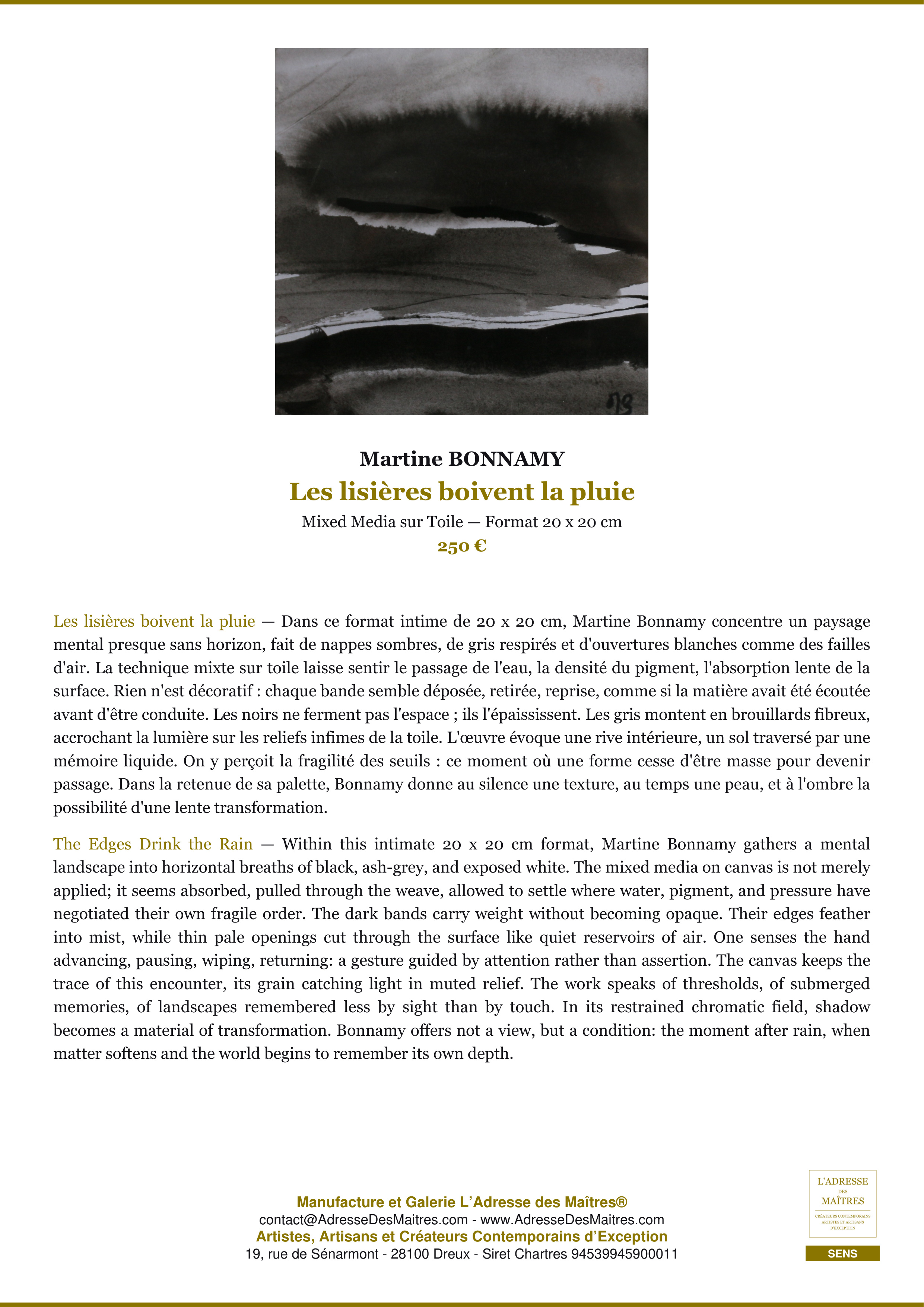 Fiche Premium — Les lisières boivent la pluie — Martine BONNAMY — L'Adresse des Maîtres®