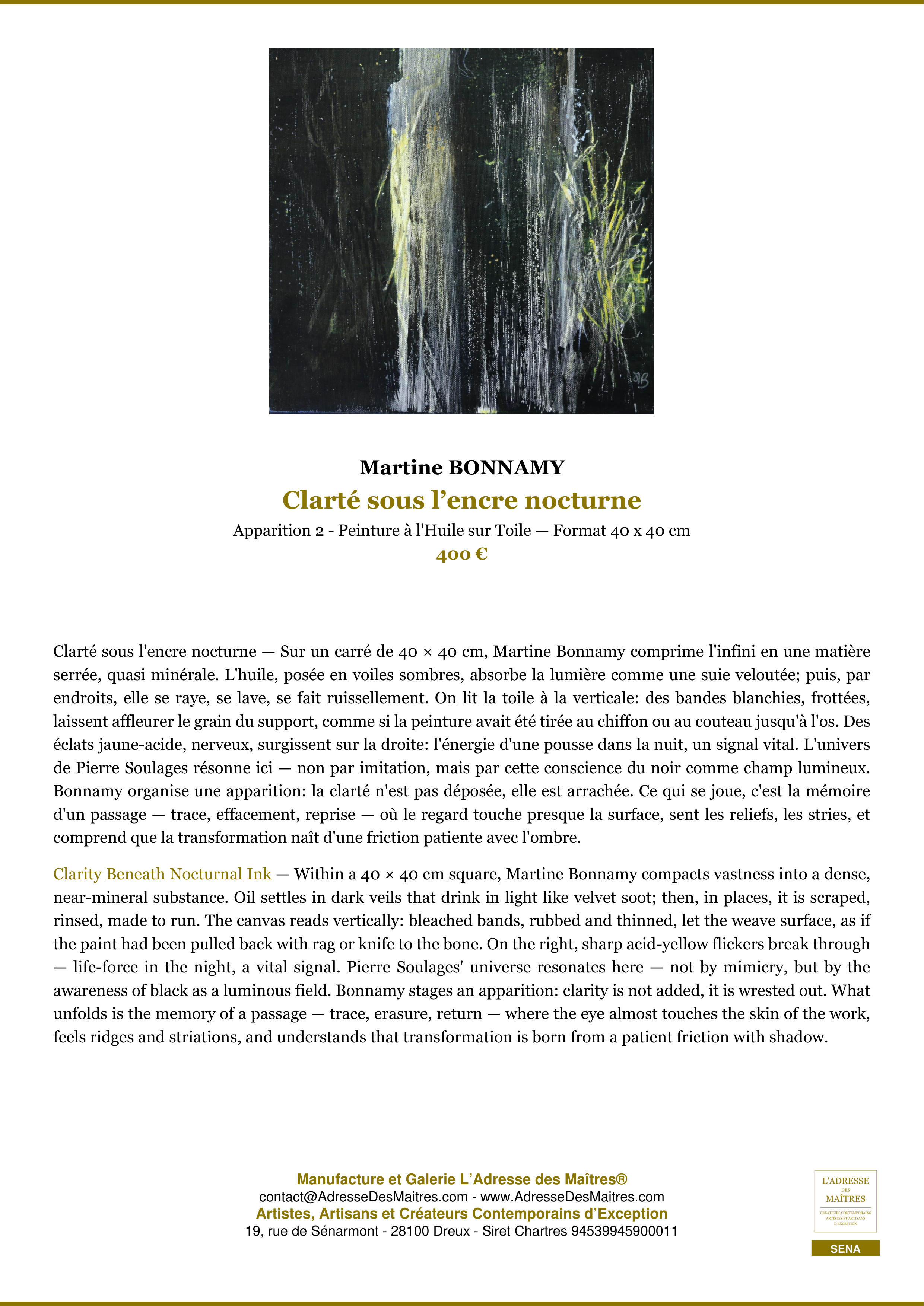 Fiche Premium — Clarté sous l’encre nocturne — Martine BONNAMY — L'Adresse des Maîtres®
