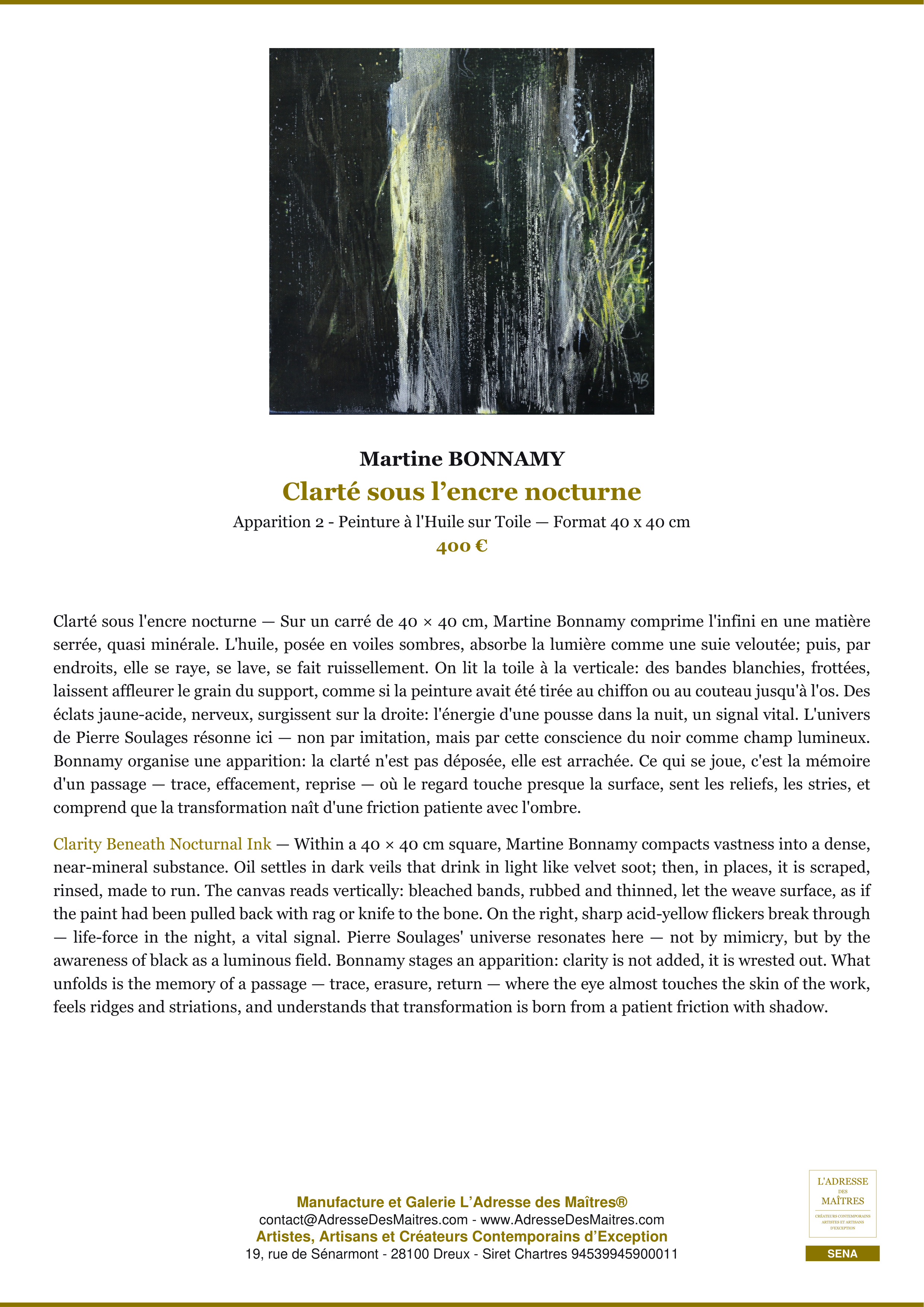 Fiche Premium — Clarté sous l’encre nocturne — Martine BONNAMY — L'Adresse des Maîtres®