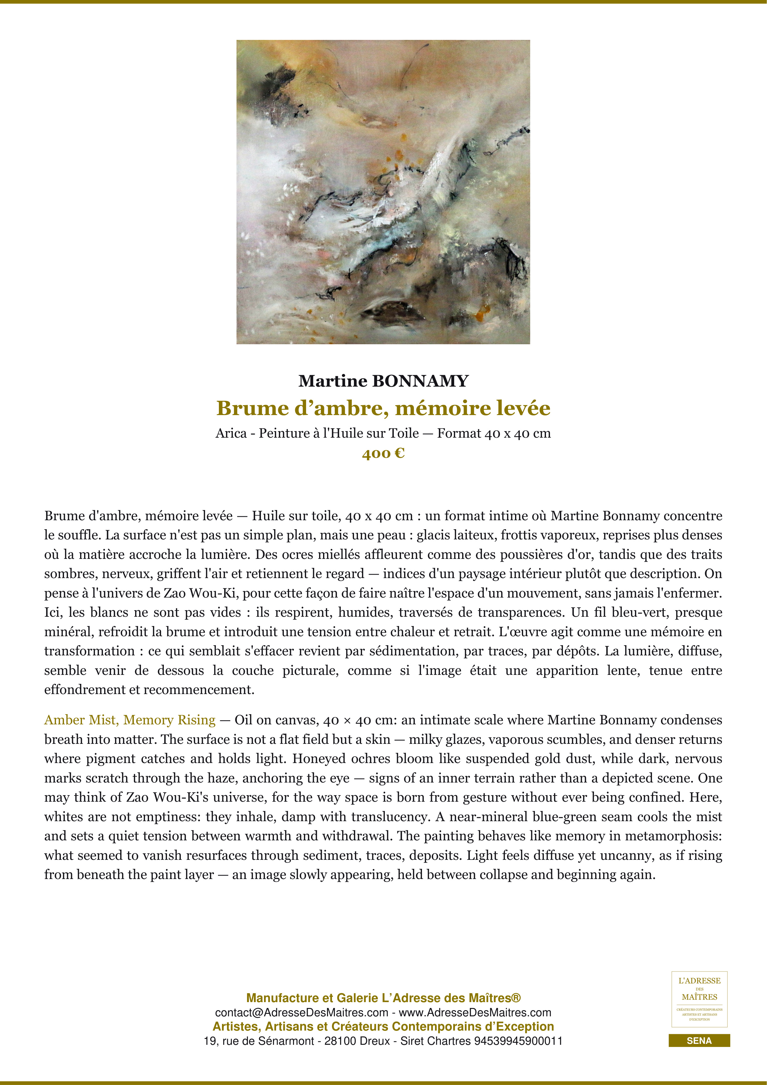Fiche Premium — Brume d’ambre, mémoire levée — Martine BONNAMY — L'Adresse des Maîtres®