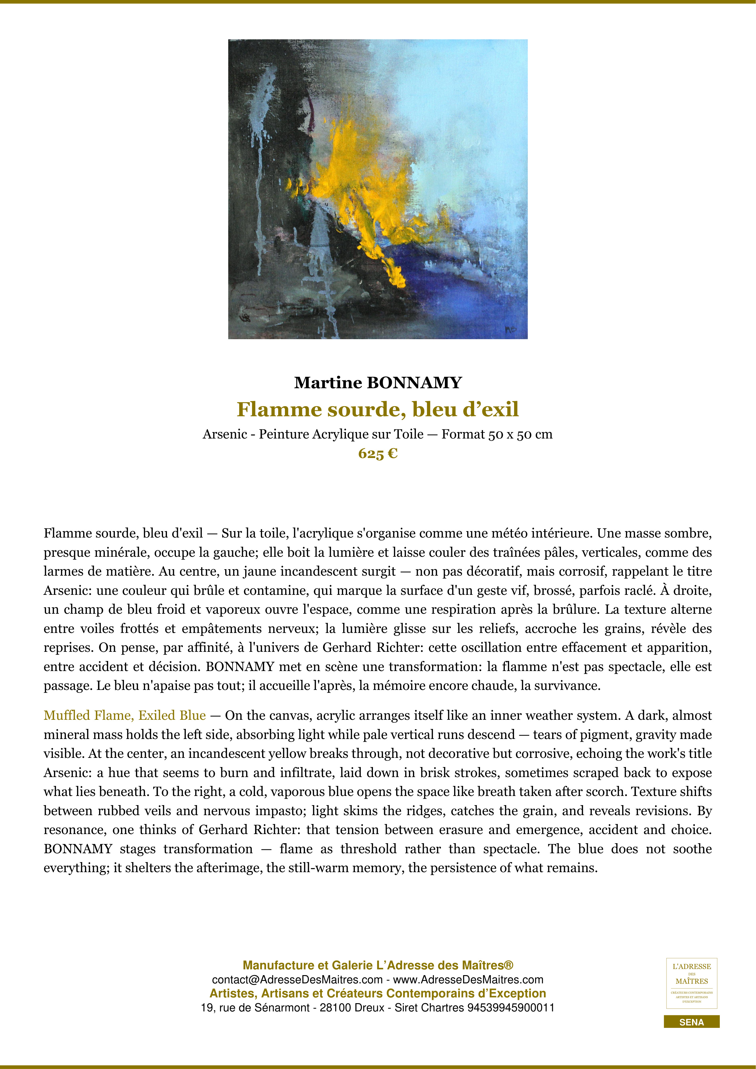 Fiche Premium — Flamme sourde, bleu d’exil — Martine BONNAMY — L'Adresse des Maîtres®