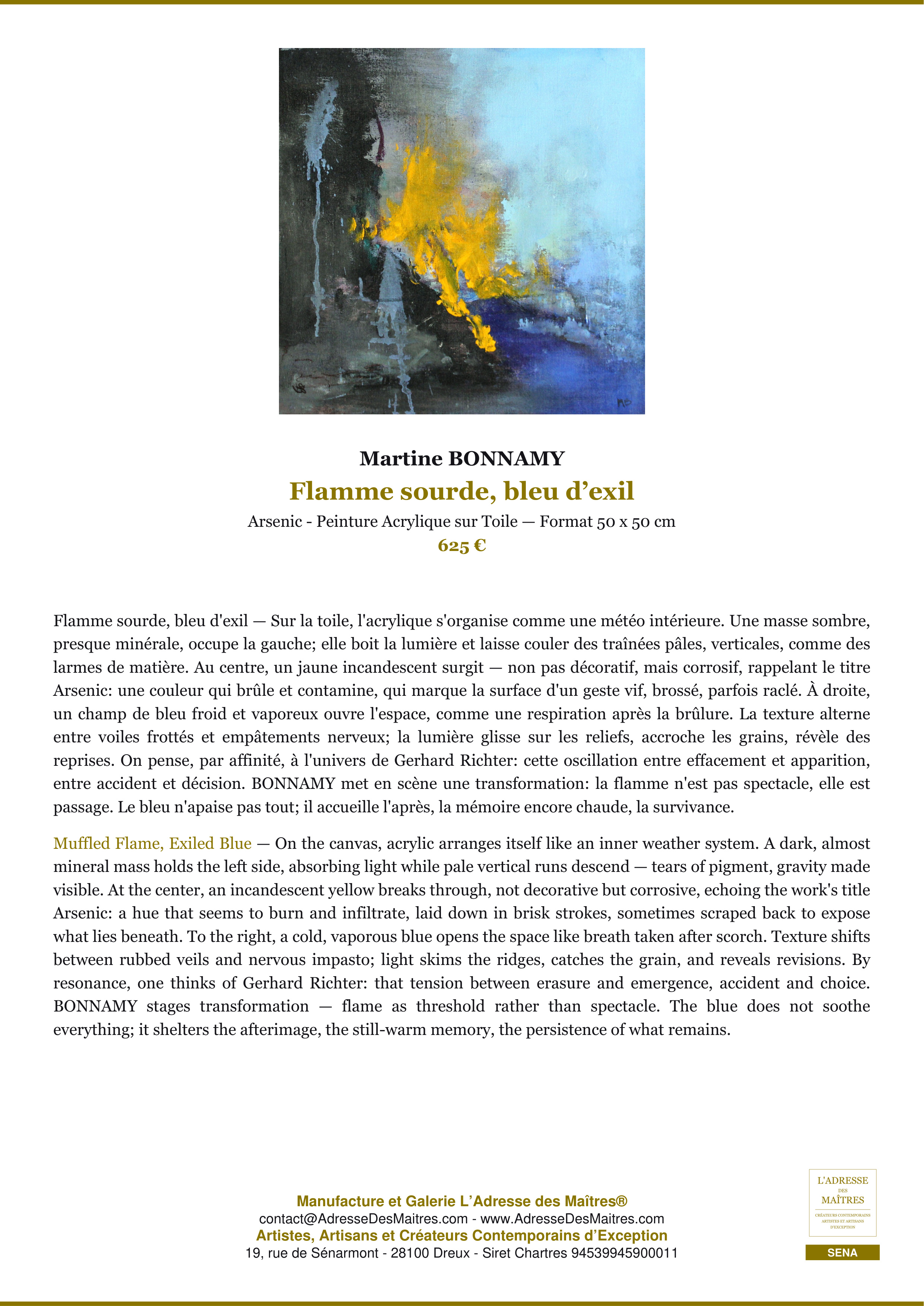 Fiche Premium — Flamme sourde, bleu d’exil — Martine BONNAMY — L'Adresse des Maîtres®
