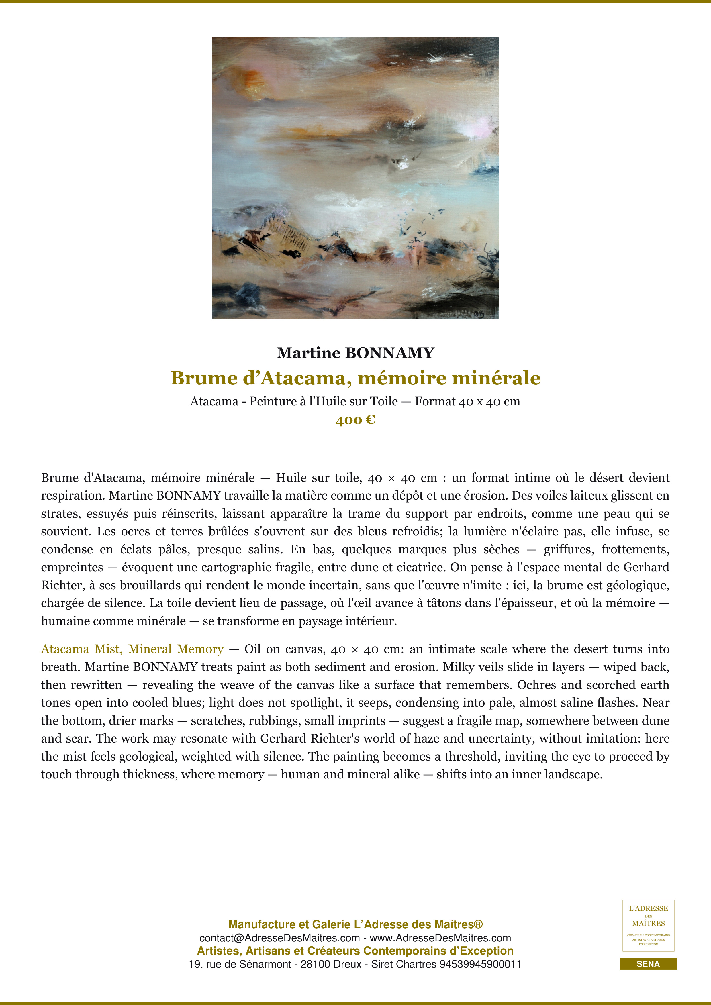 Fiche Premium — Brume d’Atacama, mémoire minérale — Martine BONNAMY — L'Adresse des Maîtres®